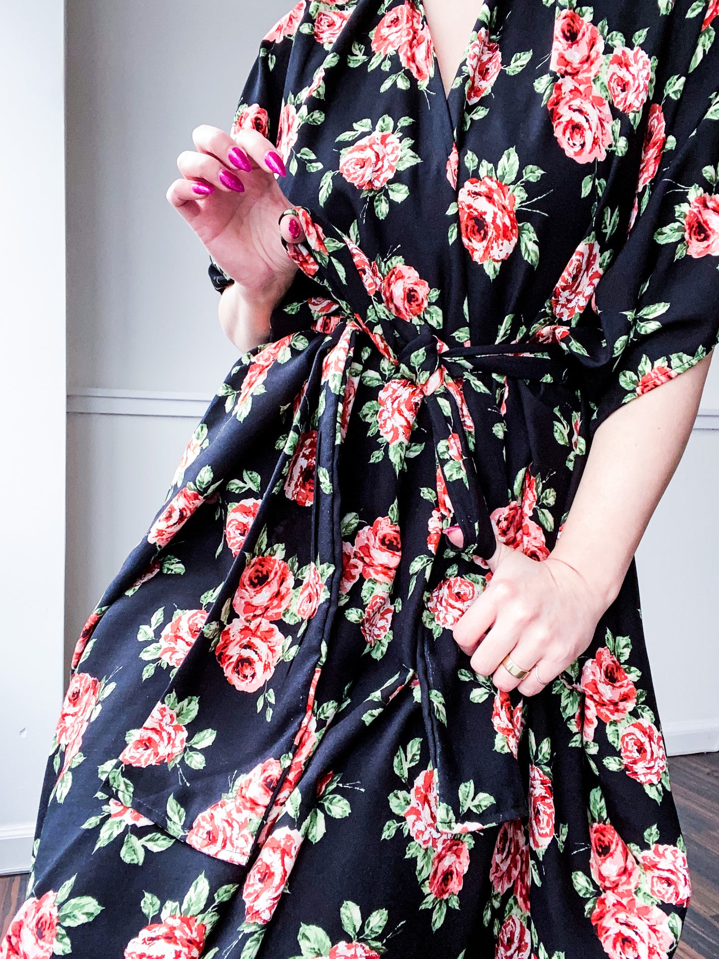Print High Low Kimono Black Rose Floral