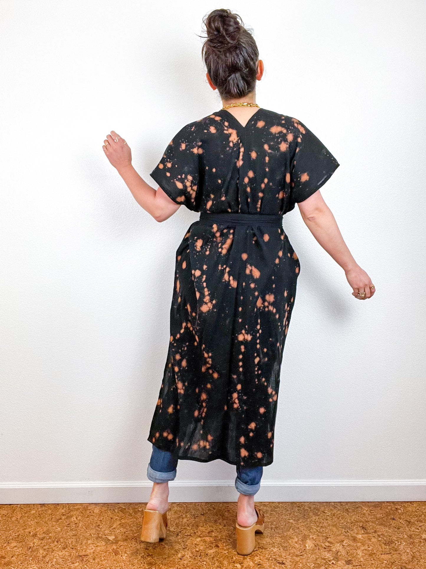 Single Gauze Midi Caftan Dress Black Rust Speckle