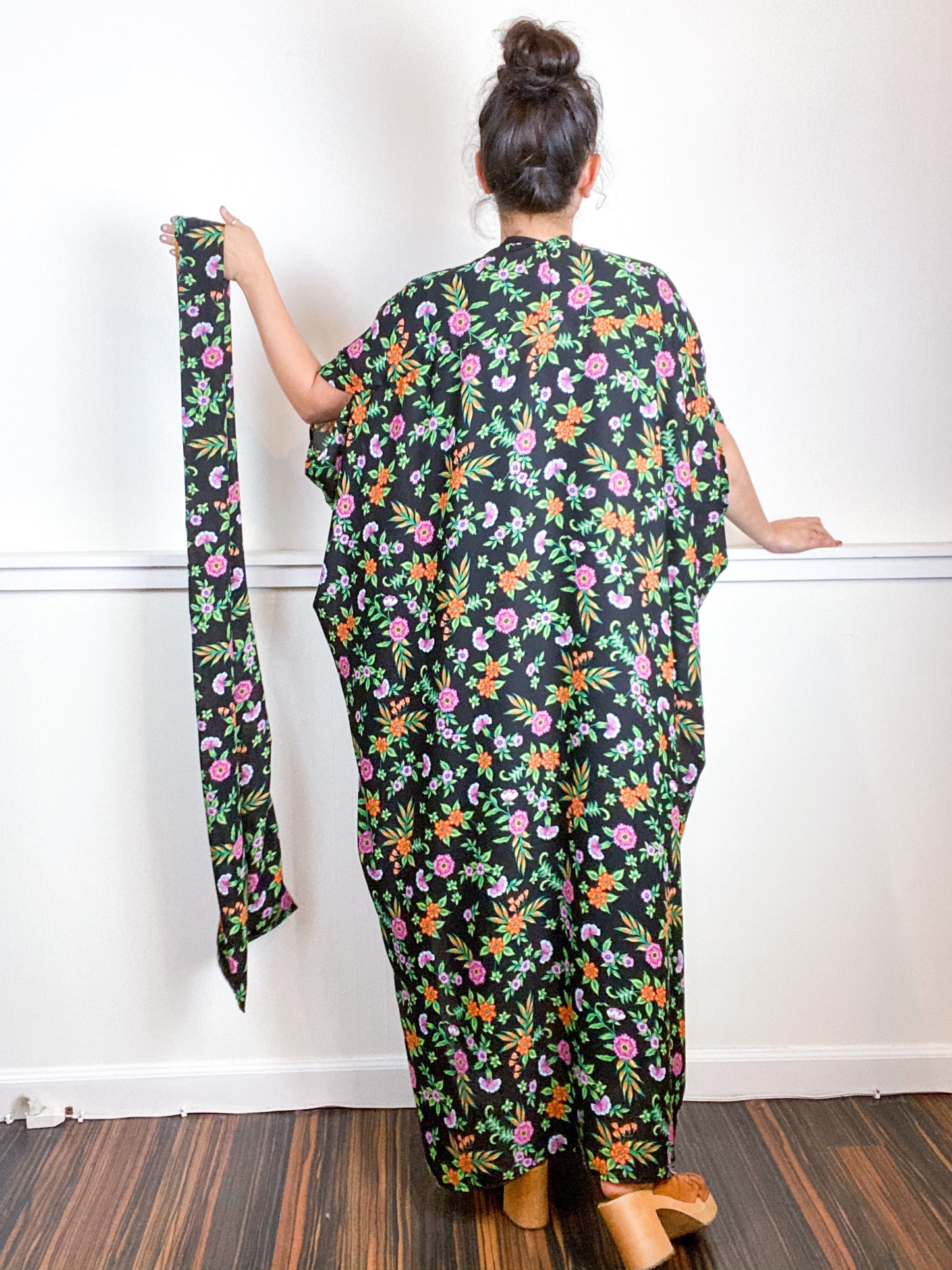 Print High Low Kimono Black Green Floral Georgette