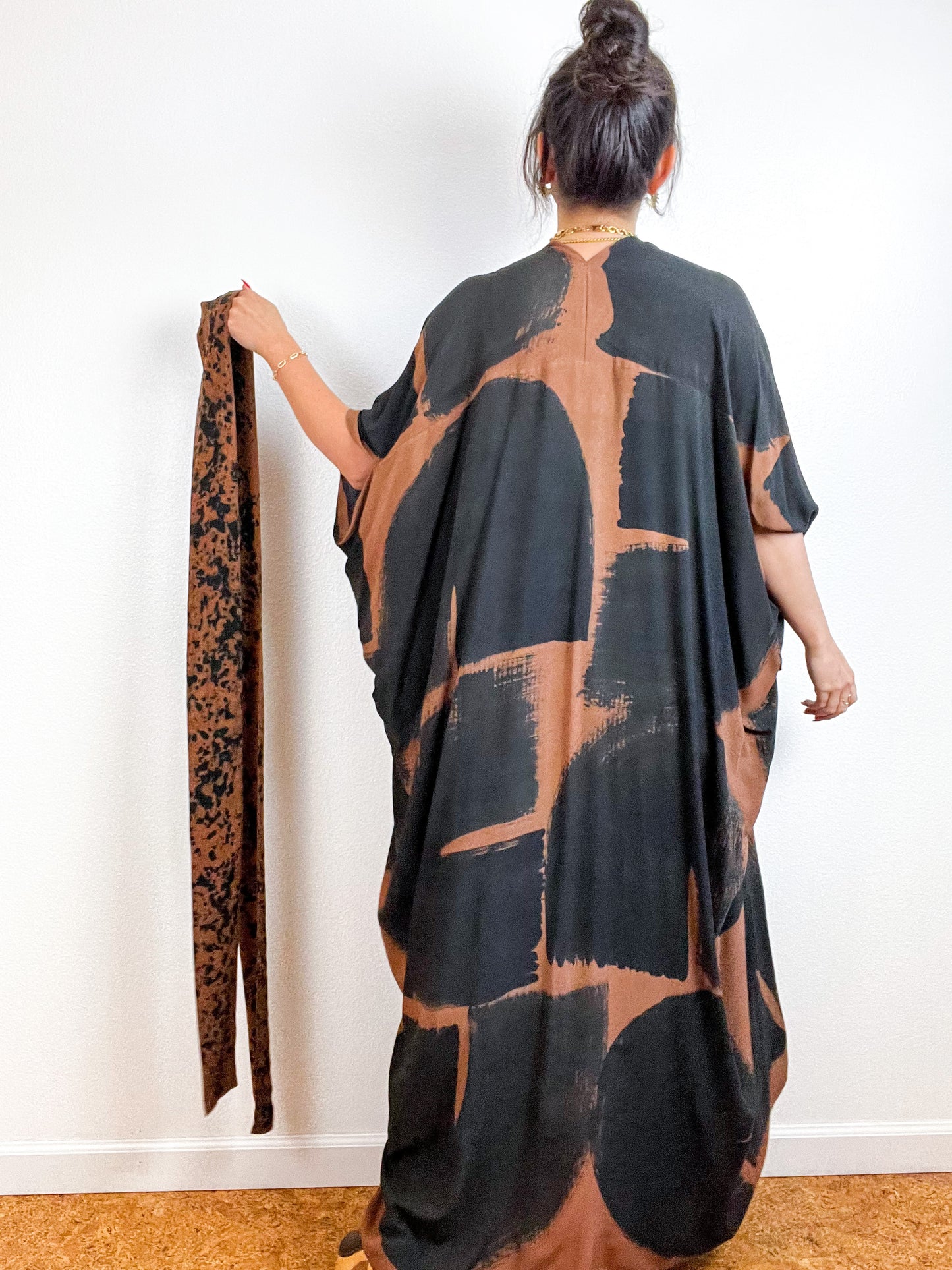 Hand-Dyed High Low Kimono Brown Black Brushstroke