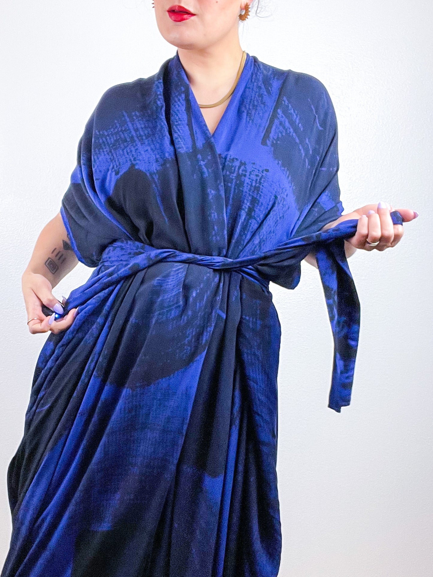 Hand-Dyed High Low Kimono Royal Blue Black Brushstroke