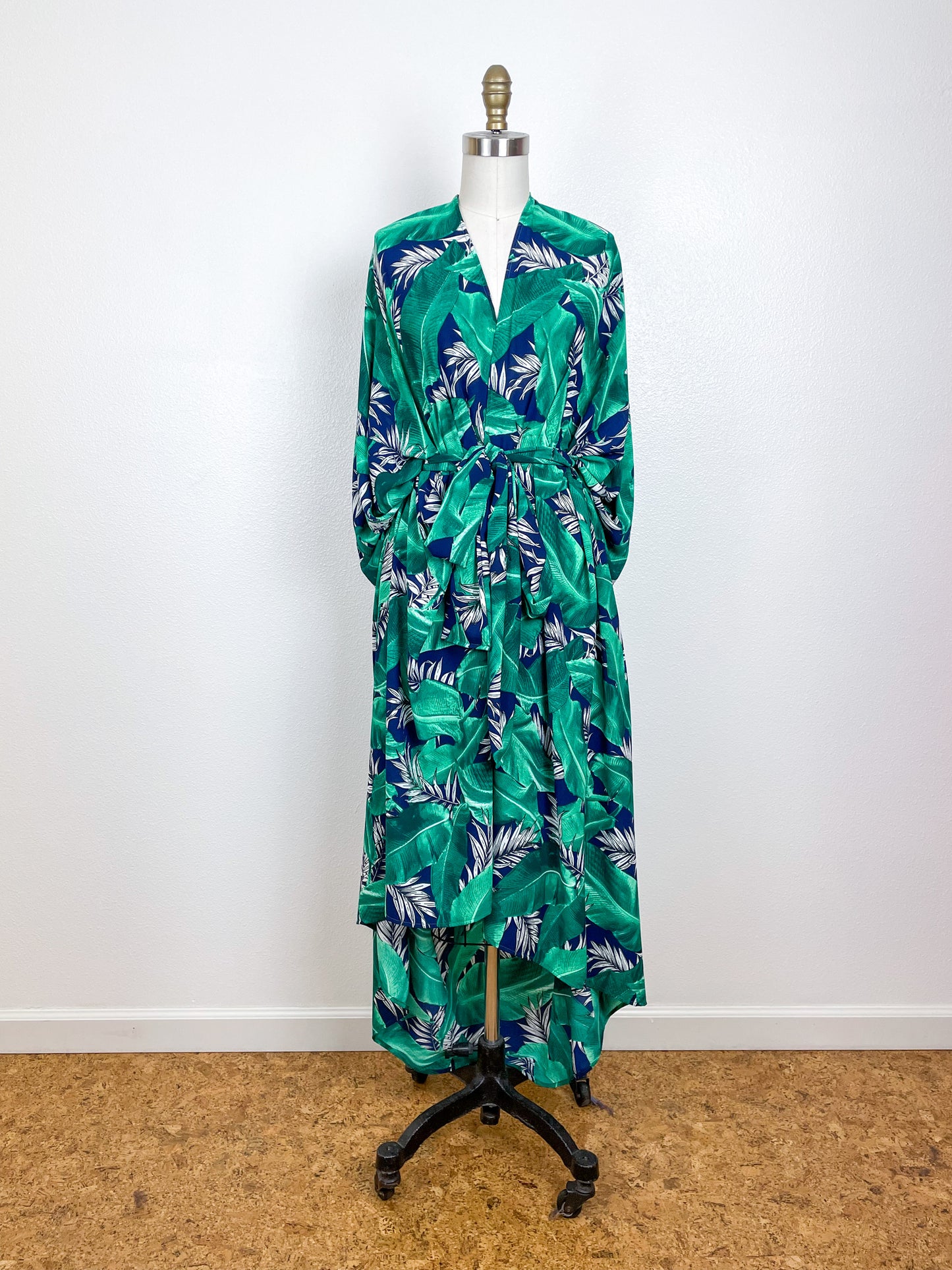 Print High Low Kimono Navy Green Palms Bubble Crepe