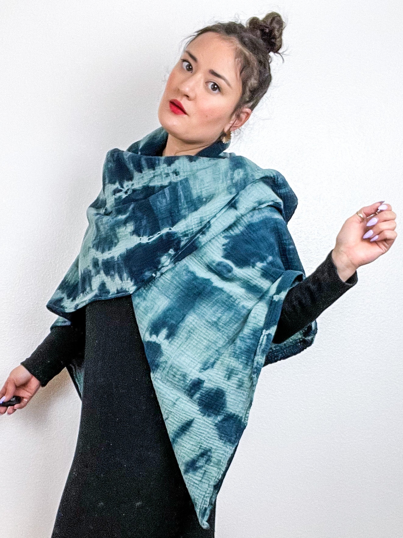 Hand-Dyed Cotton Blanket Scarf Sage Teal Lines