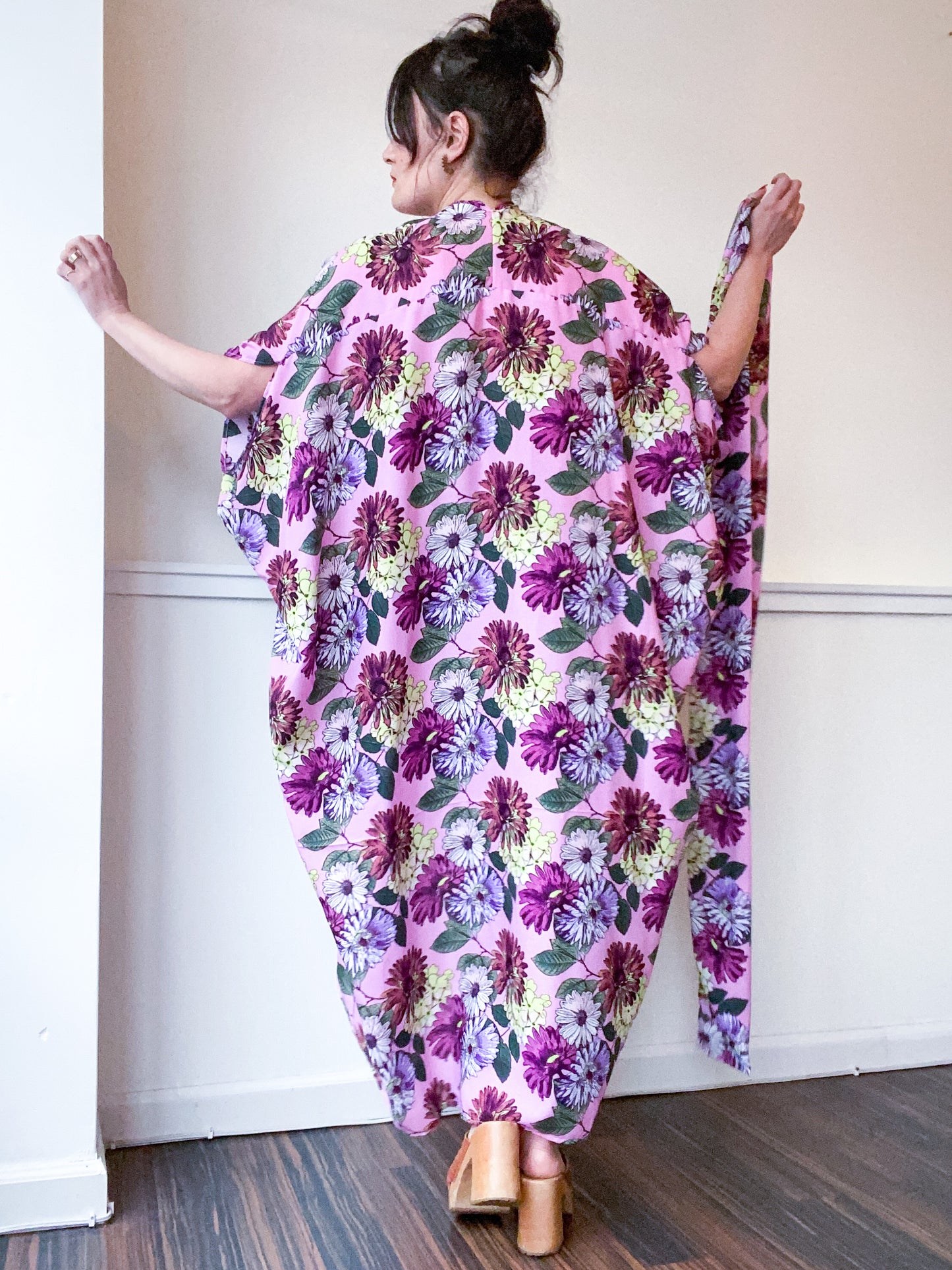 Print High Low Kimono Pink Daisy Floral