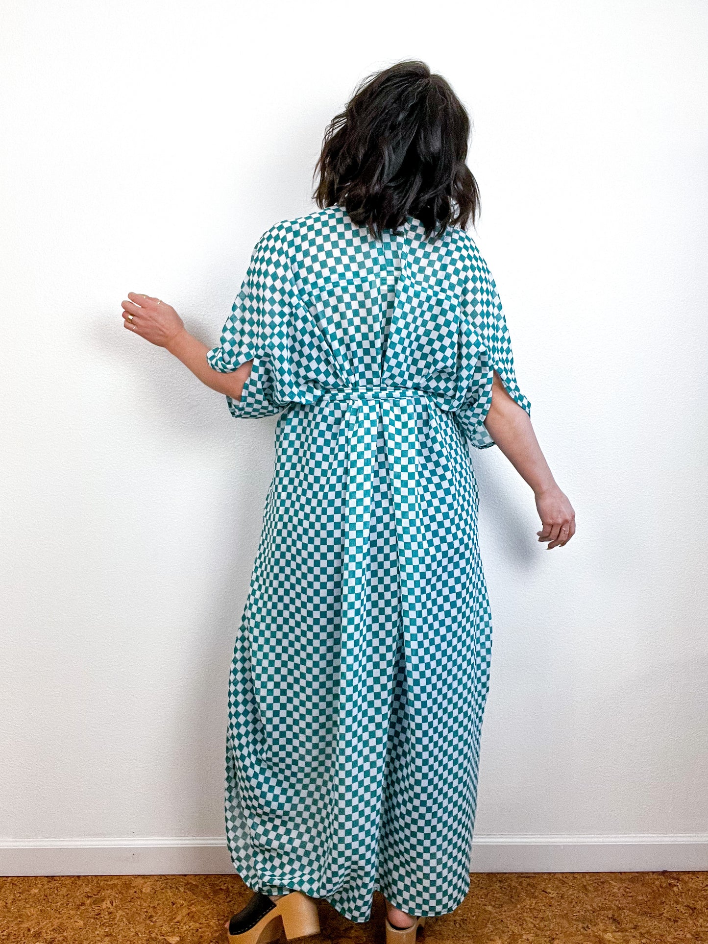 Print High Low Kimono Green Checker Chiffon
