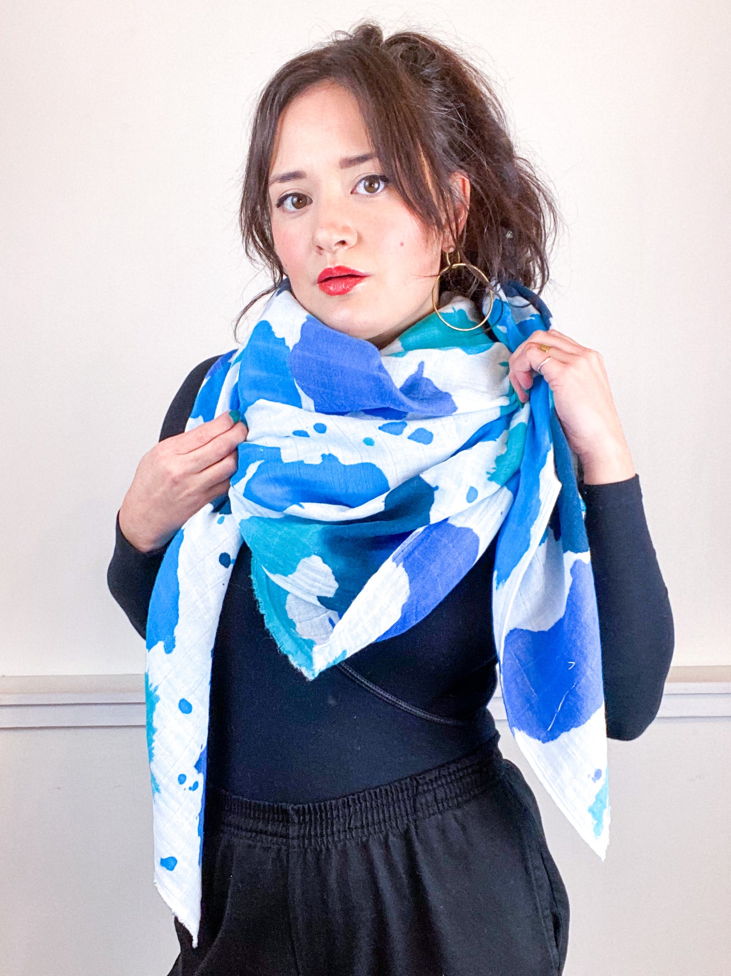 Hand-Dyed Large Square Scarf Teal Sky Turquoise Aqua Inkblot