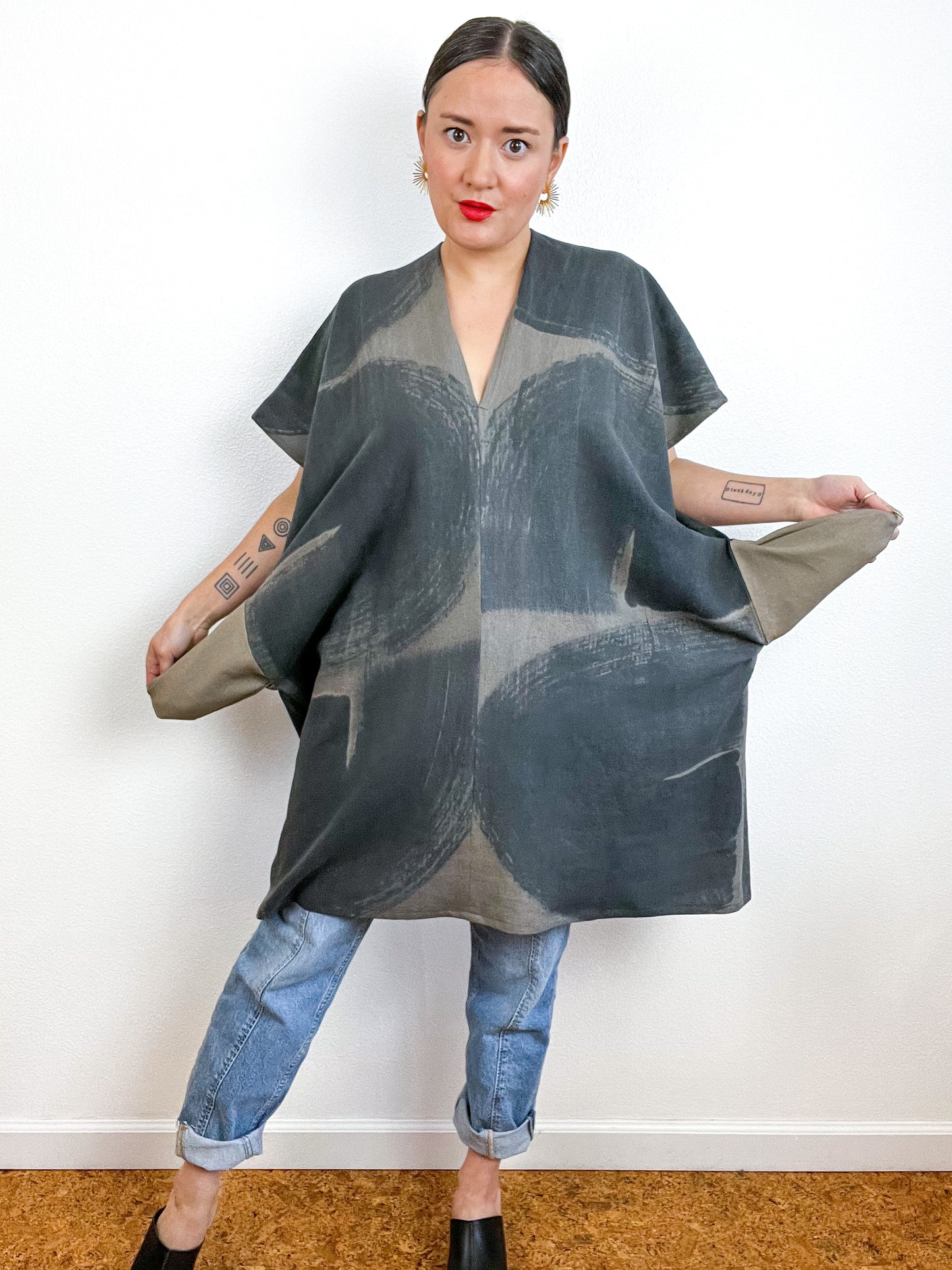 Hand-Dyed Mini Smock Dress Olive Graphite Brushstrokes