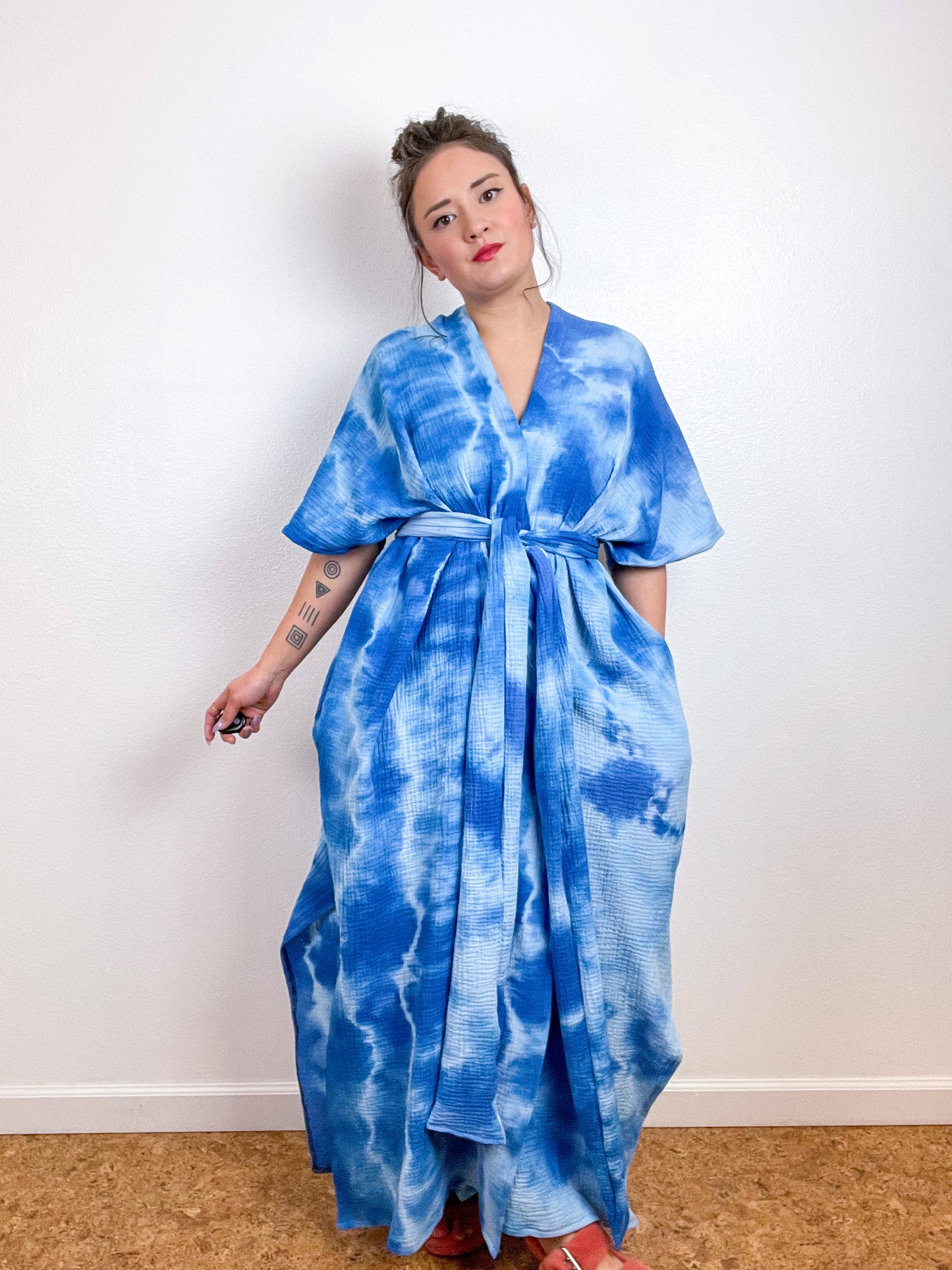 Double Gauze Duster Kimono Cerulean Tie