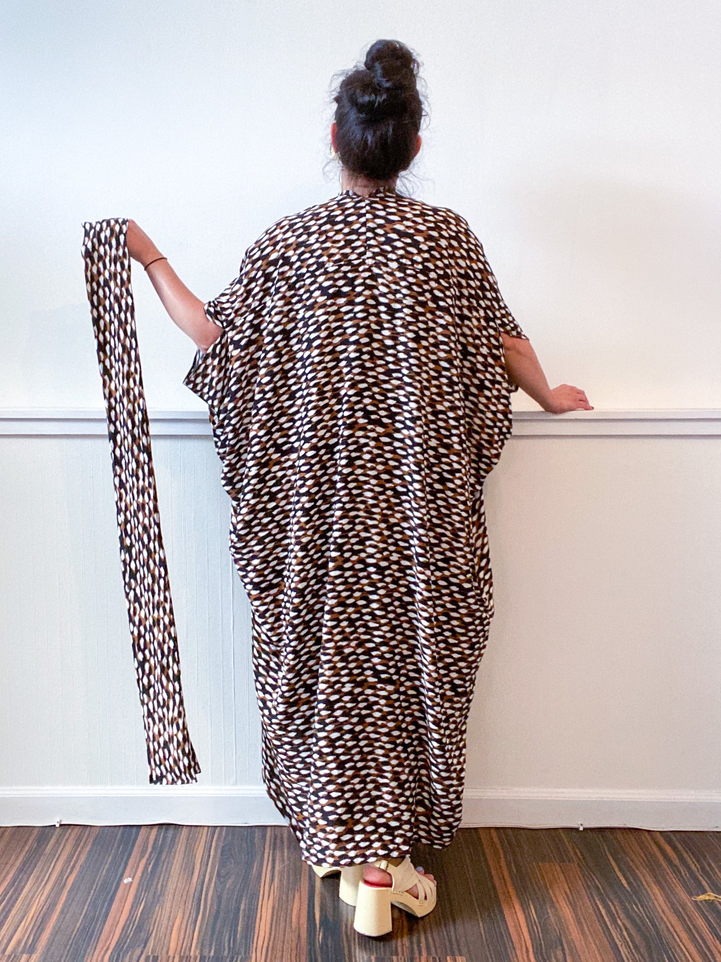 Print High Low Kimono Black Brown Snake Rayon Challis