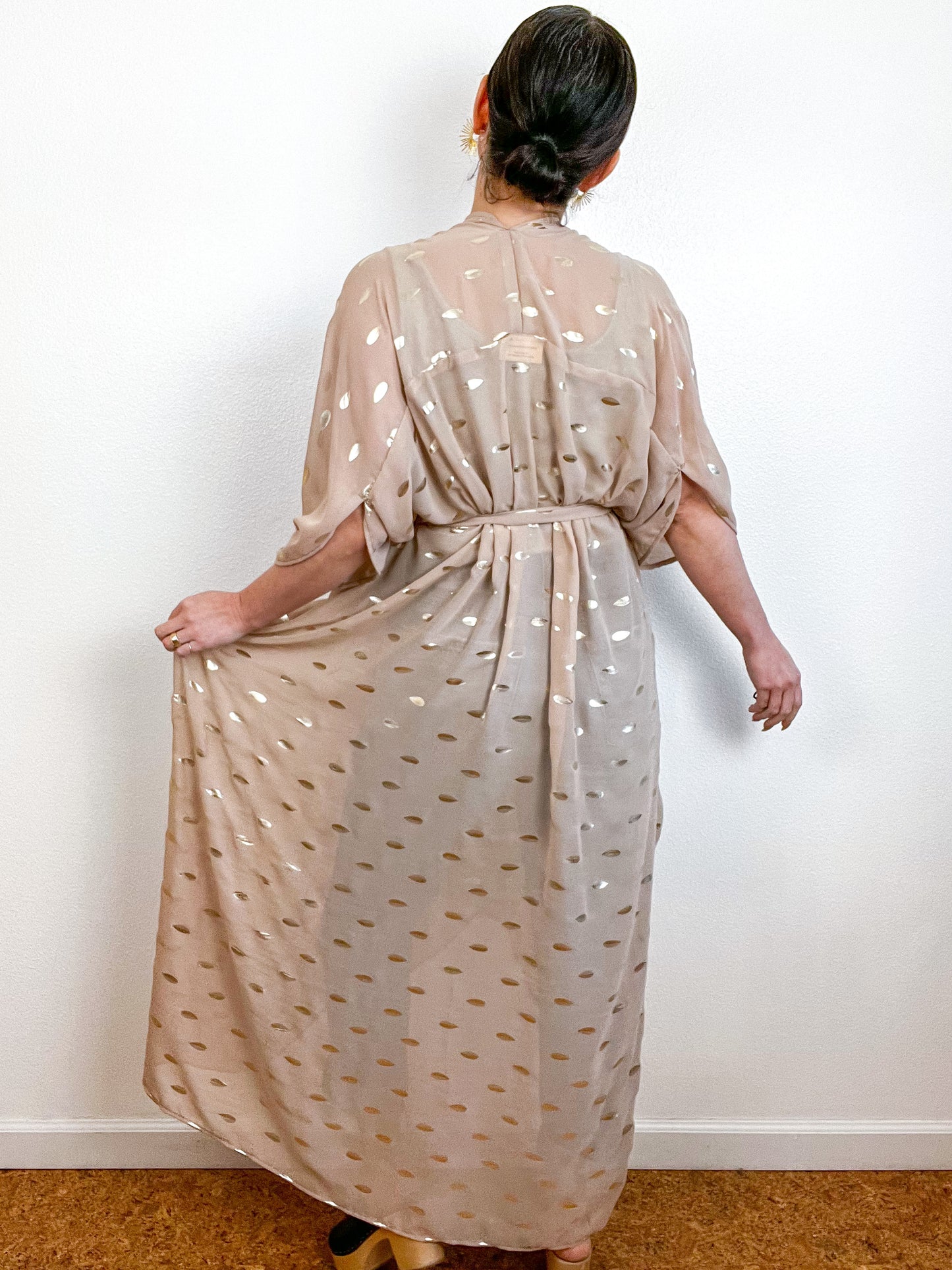 Print High Low Kimono Nude Gold Leaf Chiffon
