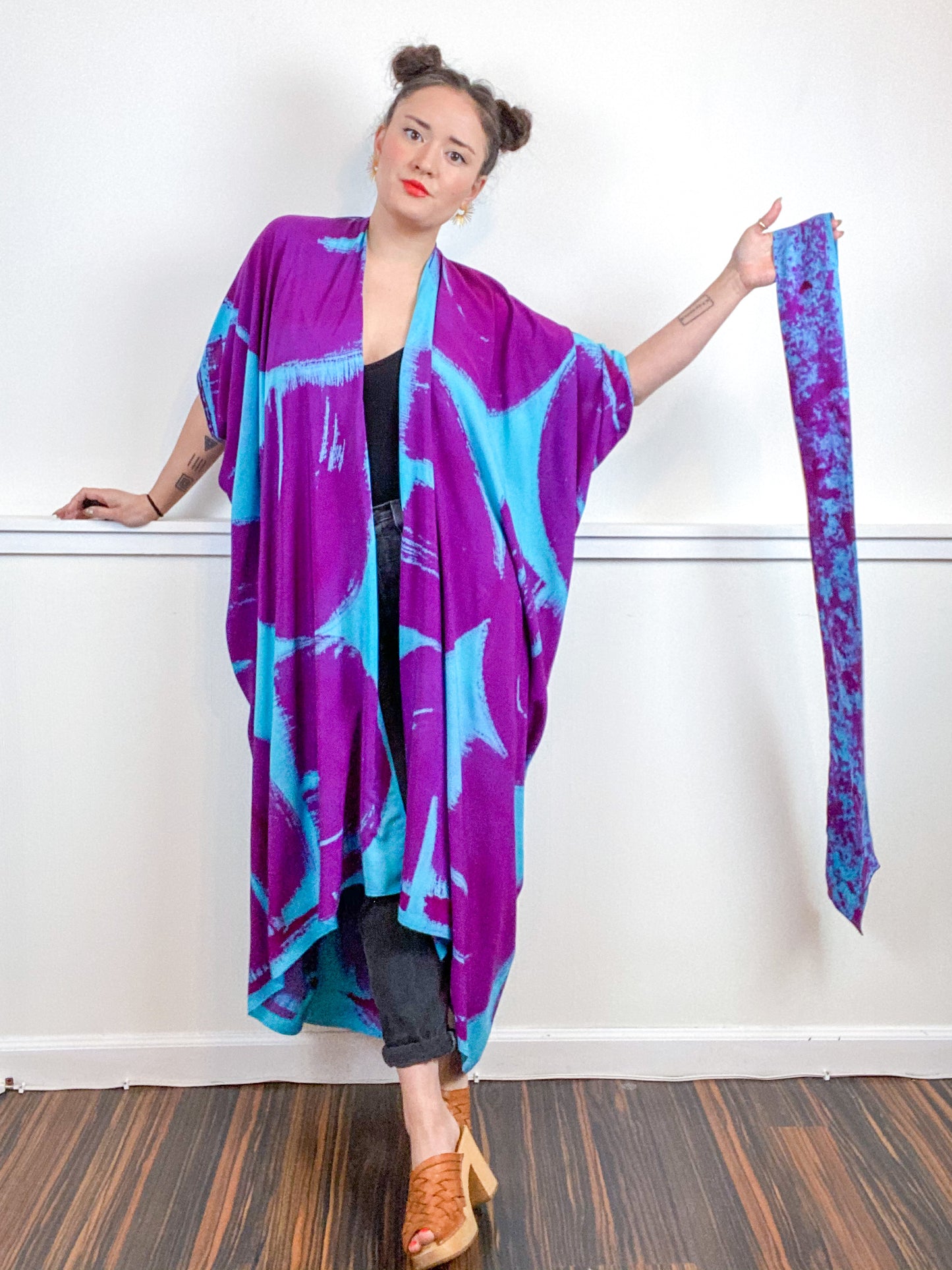 Hand-Dyed High Low Kimono Aqua Fuchsia Brushstroke