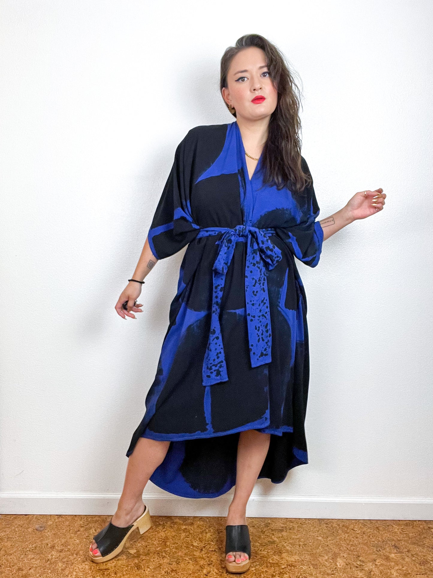 Hand-Dyed High Low Kimono Electric Blue Black Brushstroke