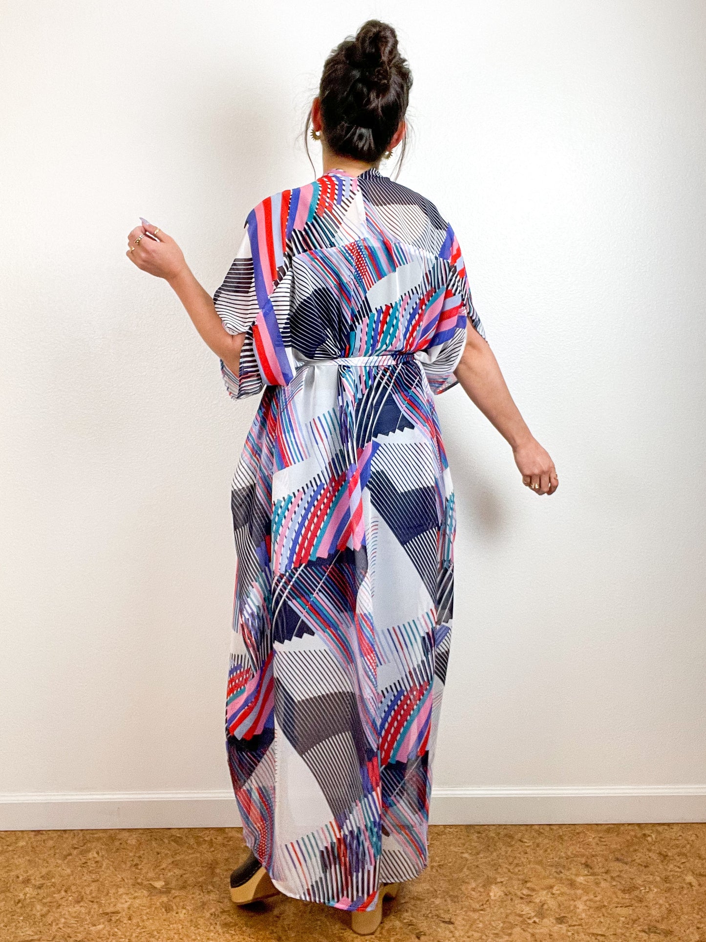 Print High Low Kimono Graphic Diagonals Chiffon