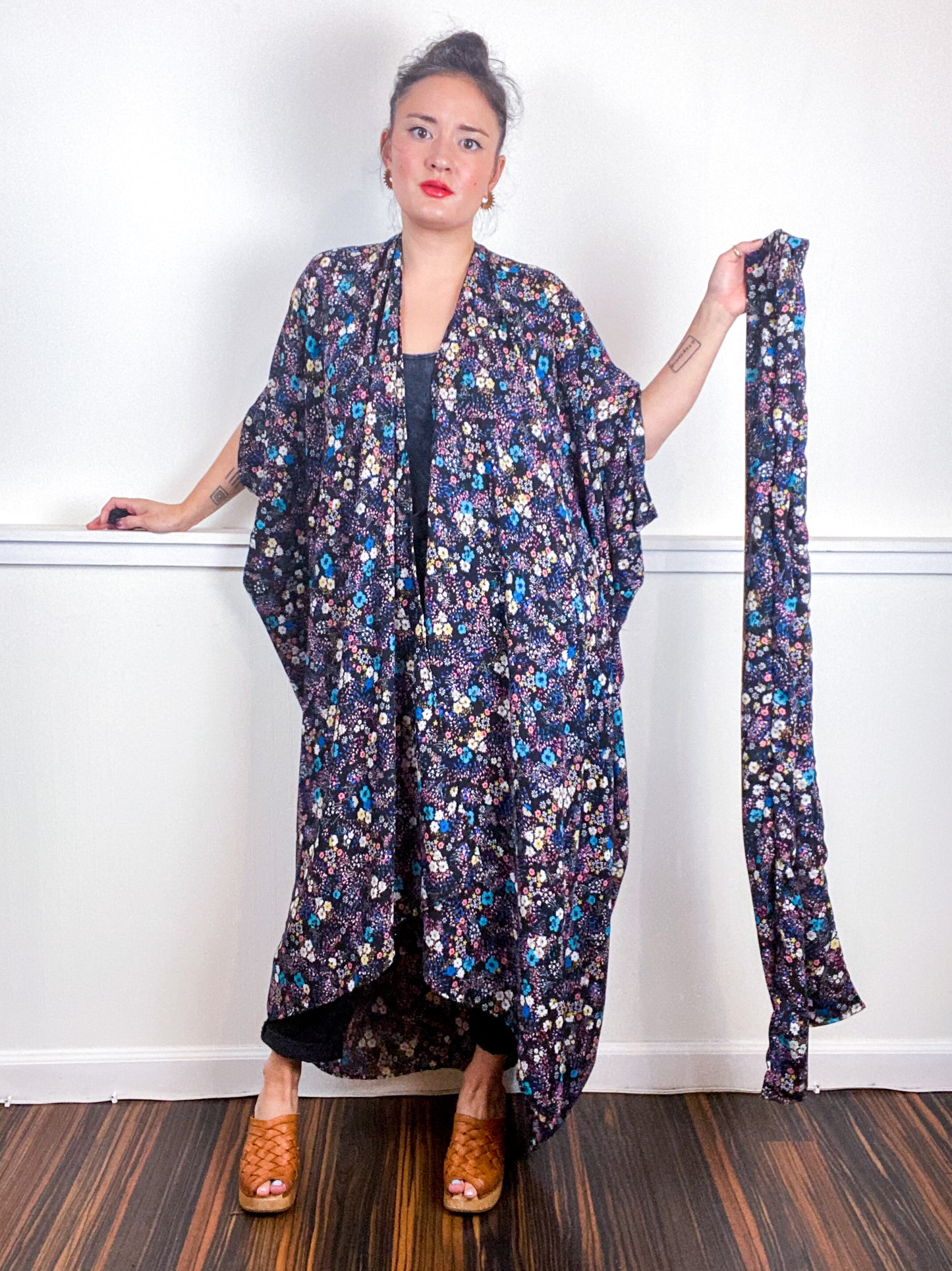 Print High Low Kimono Mini Aqua Pink Black Floral Georgette