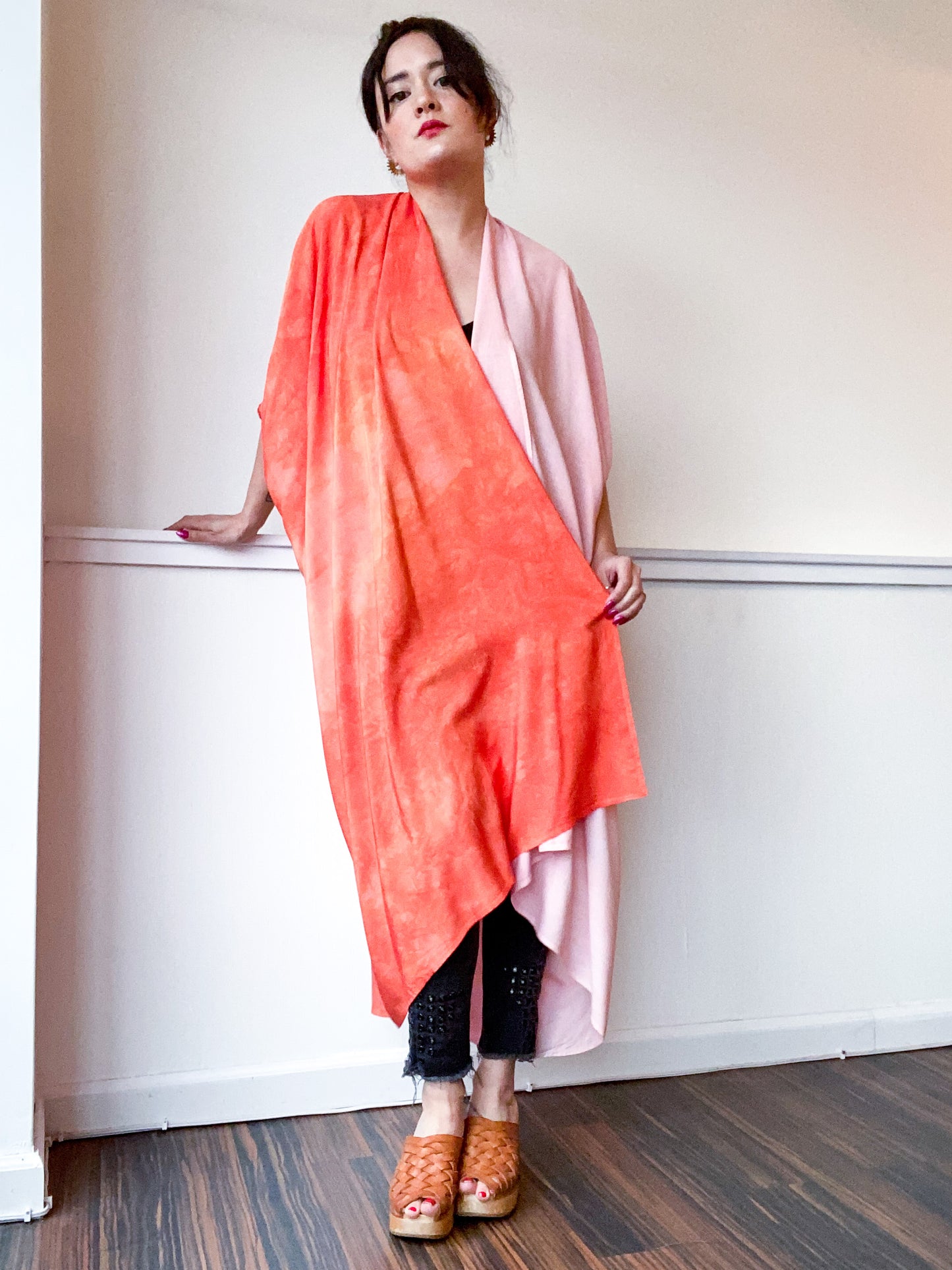 Limited Edition Hand-Dyed High Low Kimono Two Tone Powder Pink Tangerine
