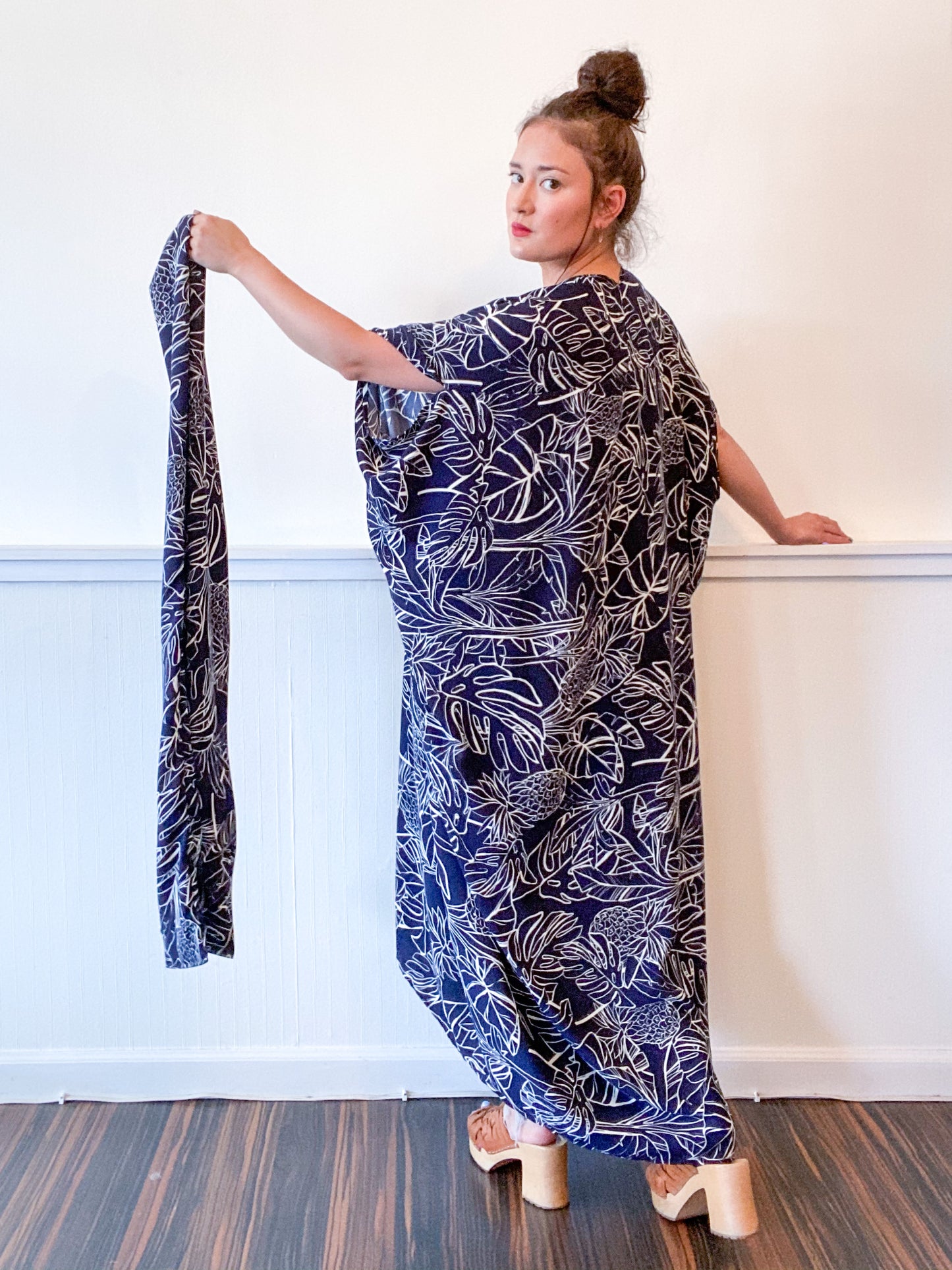 Print High Low Kimono Navy Pineapple Tropical Heavy Crepe