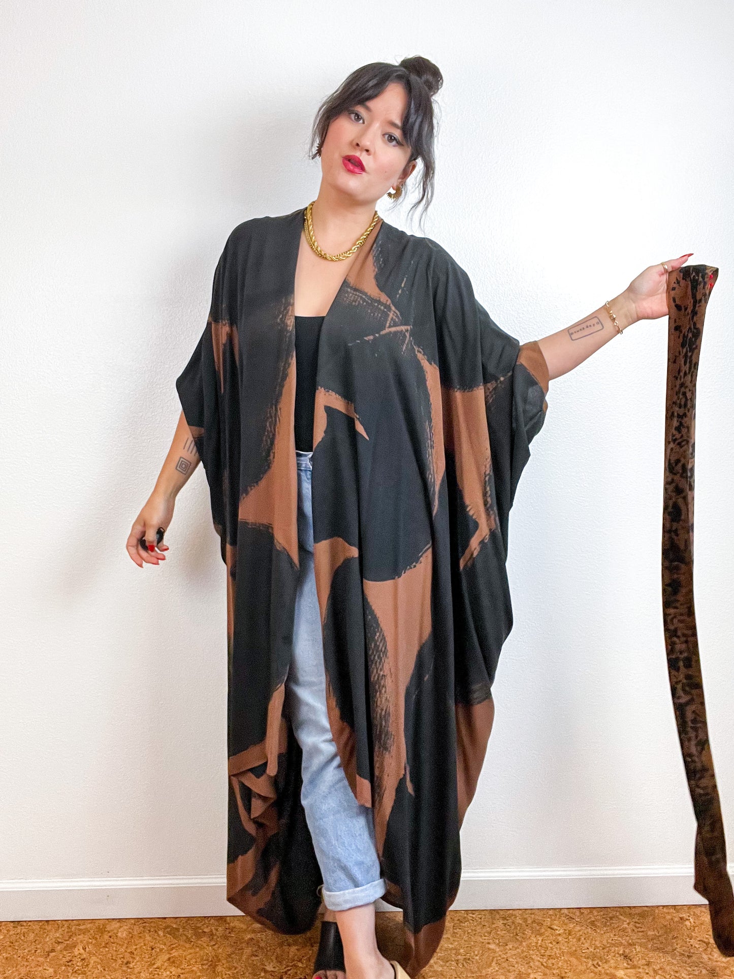Hand-Dyed High Low Kimono Brown Black Brushstroke