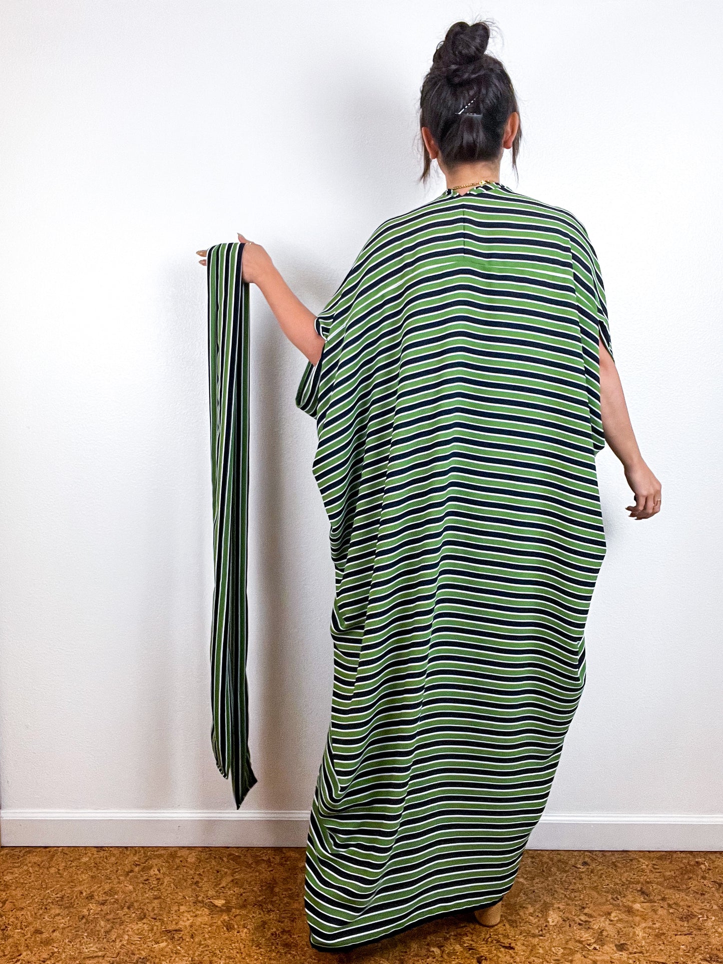 Print High Low Kimono Navy Green Stripe Double Crepe