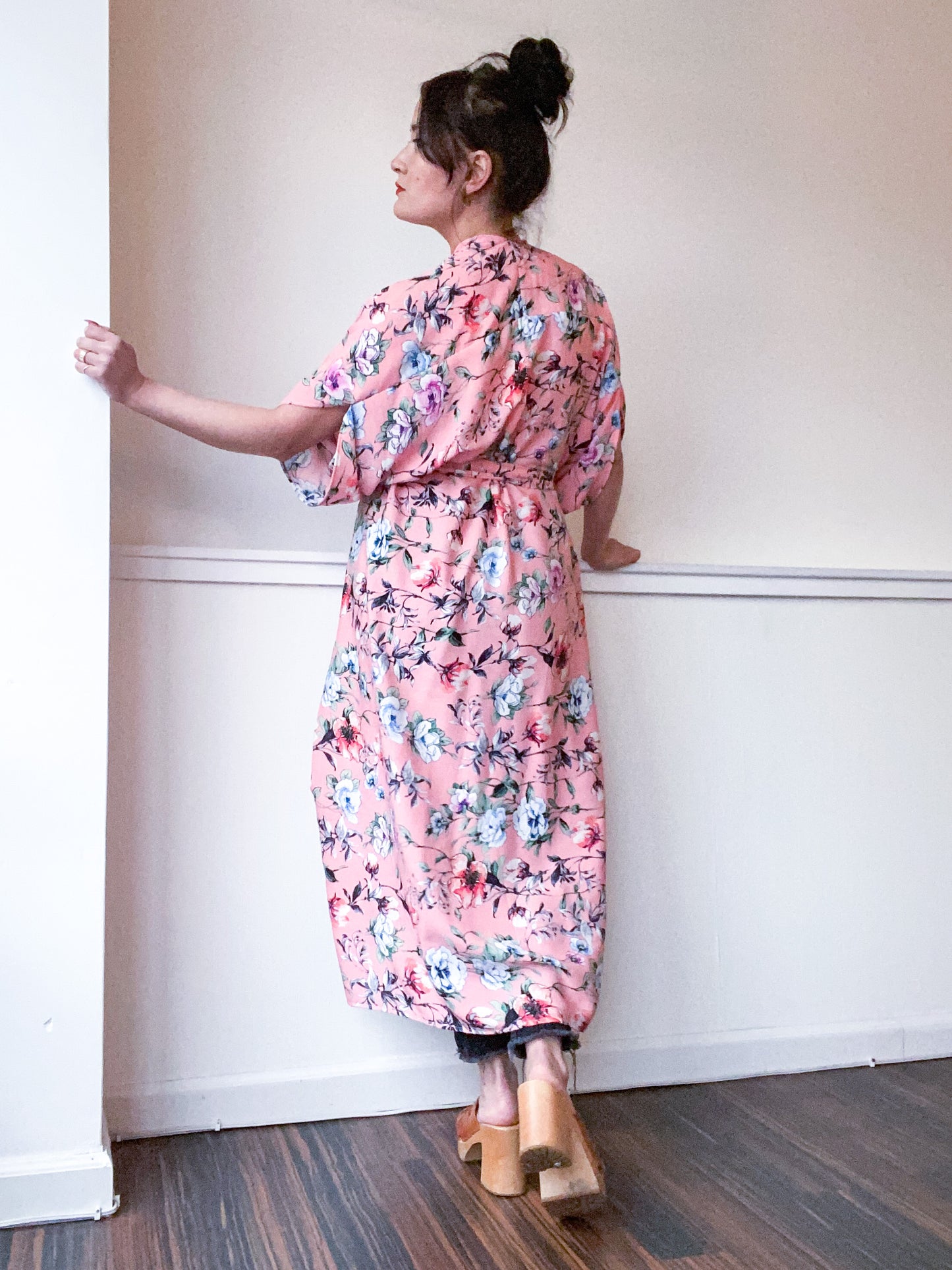 Print High Low Kimono Coral Gardenia Floral Rayon Challis