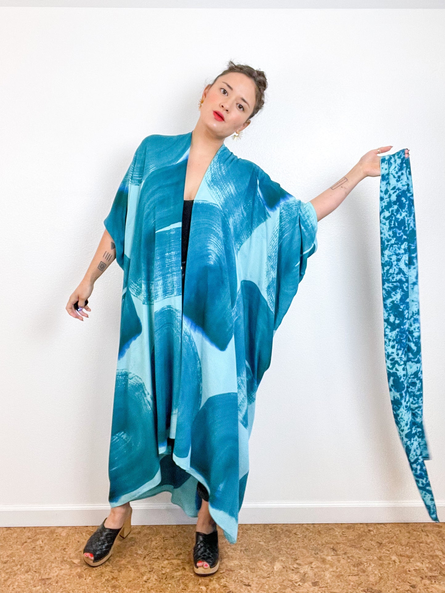 Hand-Dyed High Low Kimono Aqua Teal Brushstroke