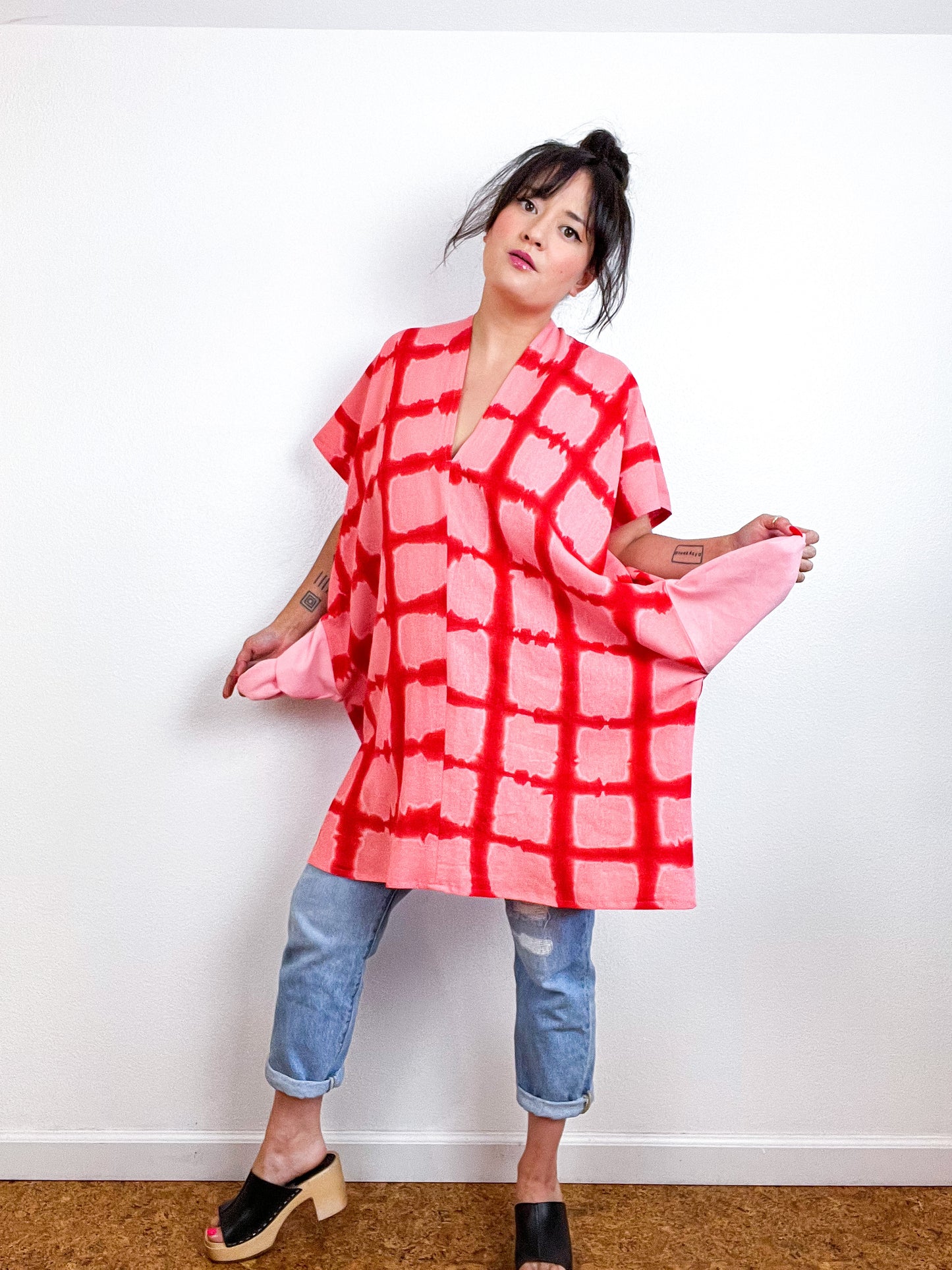 Hand-Dyed Mini Smock Dress Pink Scarlet Windowpane