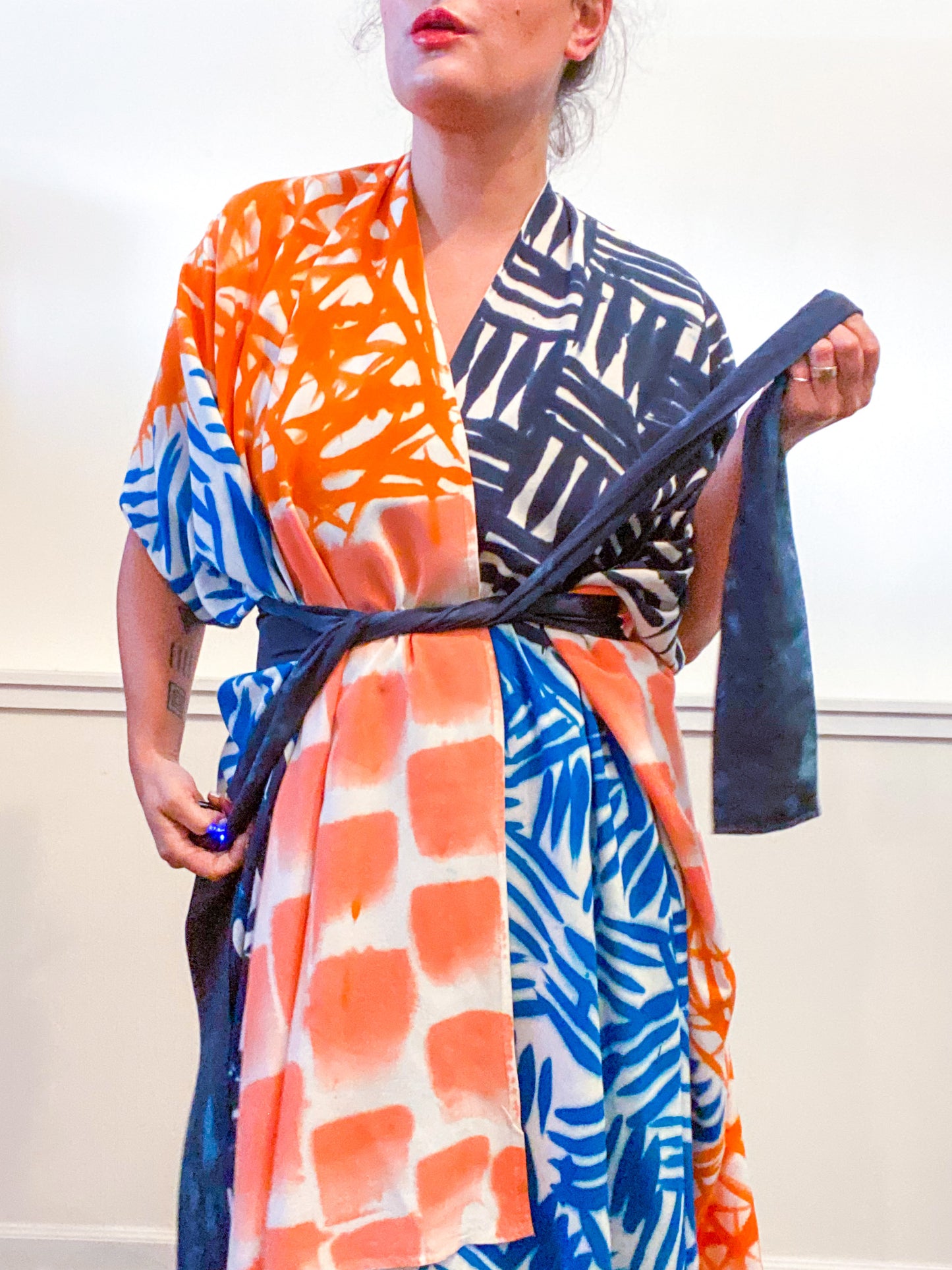 Limited Edition Hand-Dyed High Low Kimono Teal Cerulean Coral Orange