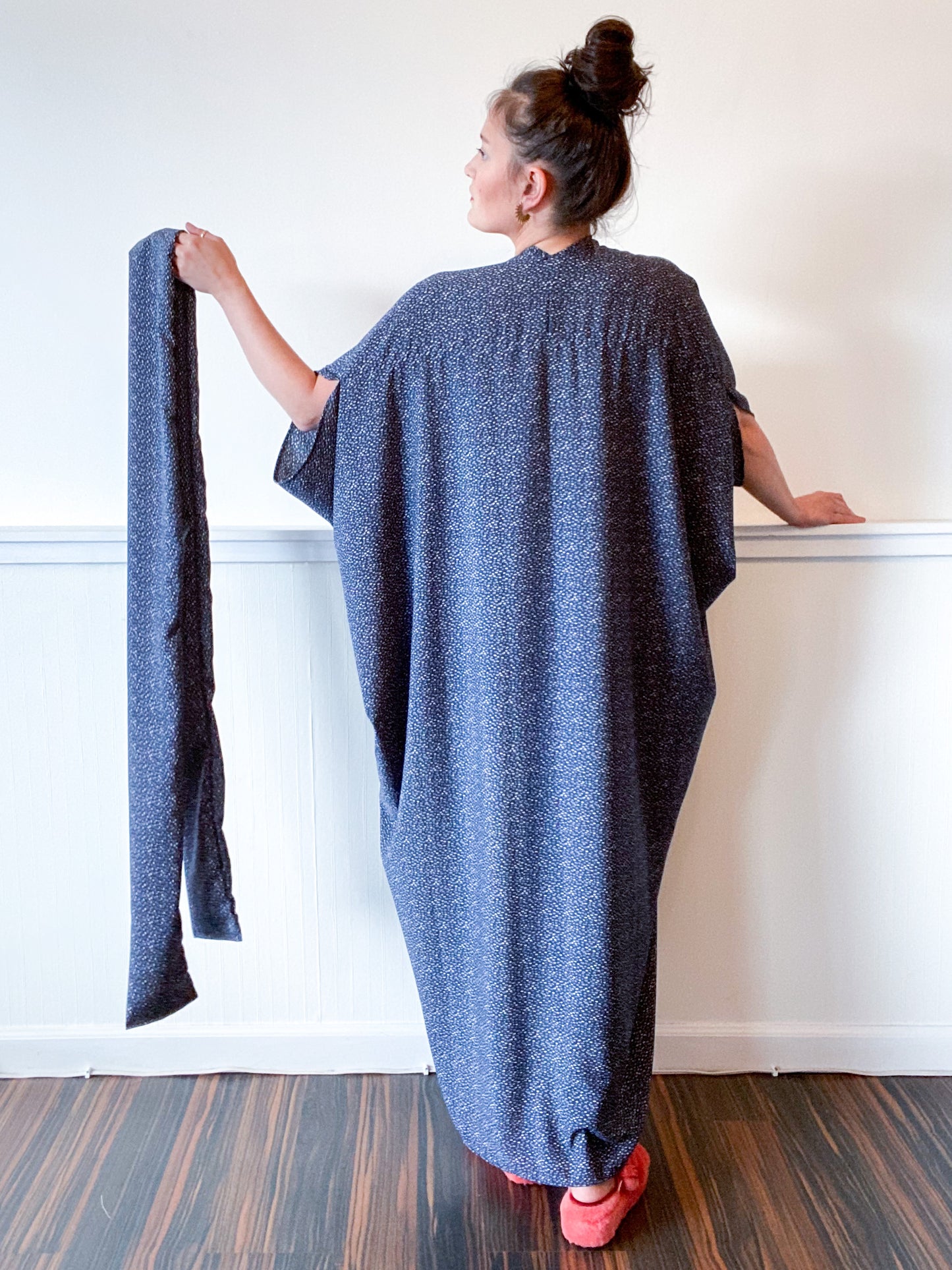 Print High Low Kimono Navy Mini Dots Crepe de Chine