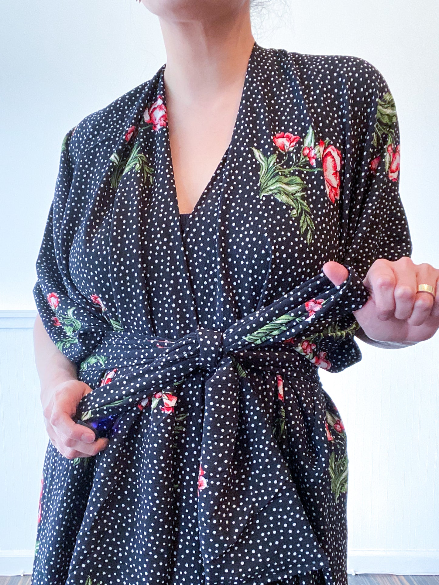 High Low Kimono Black Dots and Floral Bubble Crepe