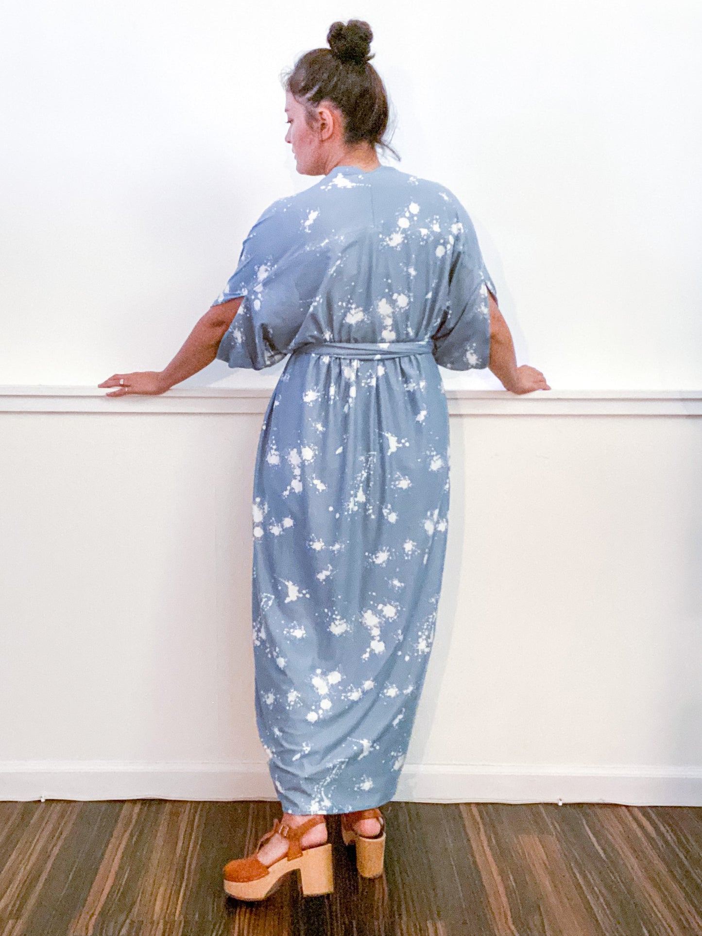 Print High Low Kimono Blue Grey Drops Knit