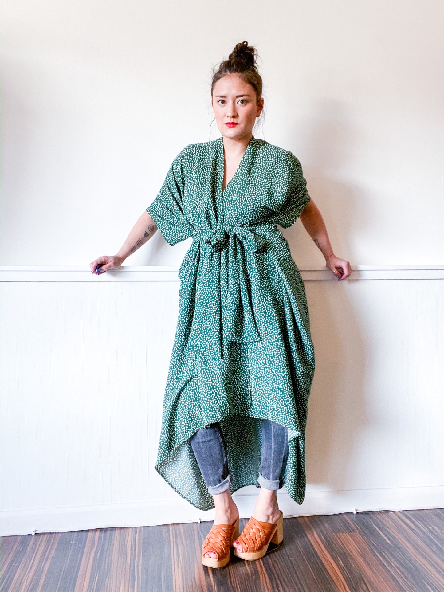 Print High Low Kimono Hunter Green Mini Floral