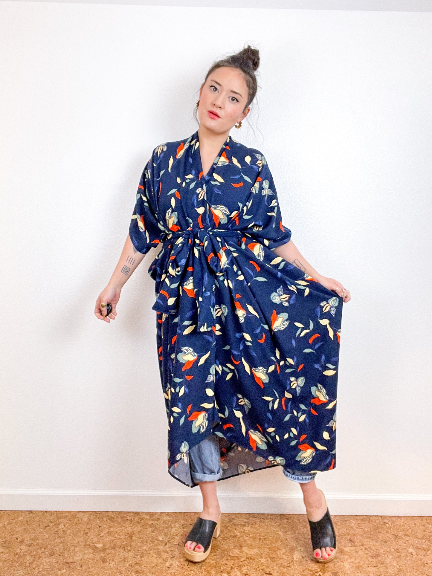 High Low Kimono Navy Orange Magnolias Rayon Challis
