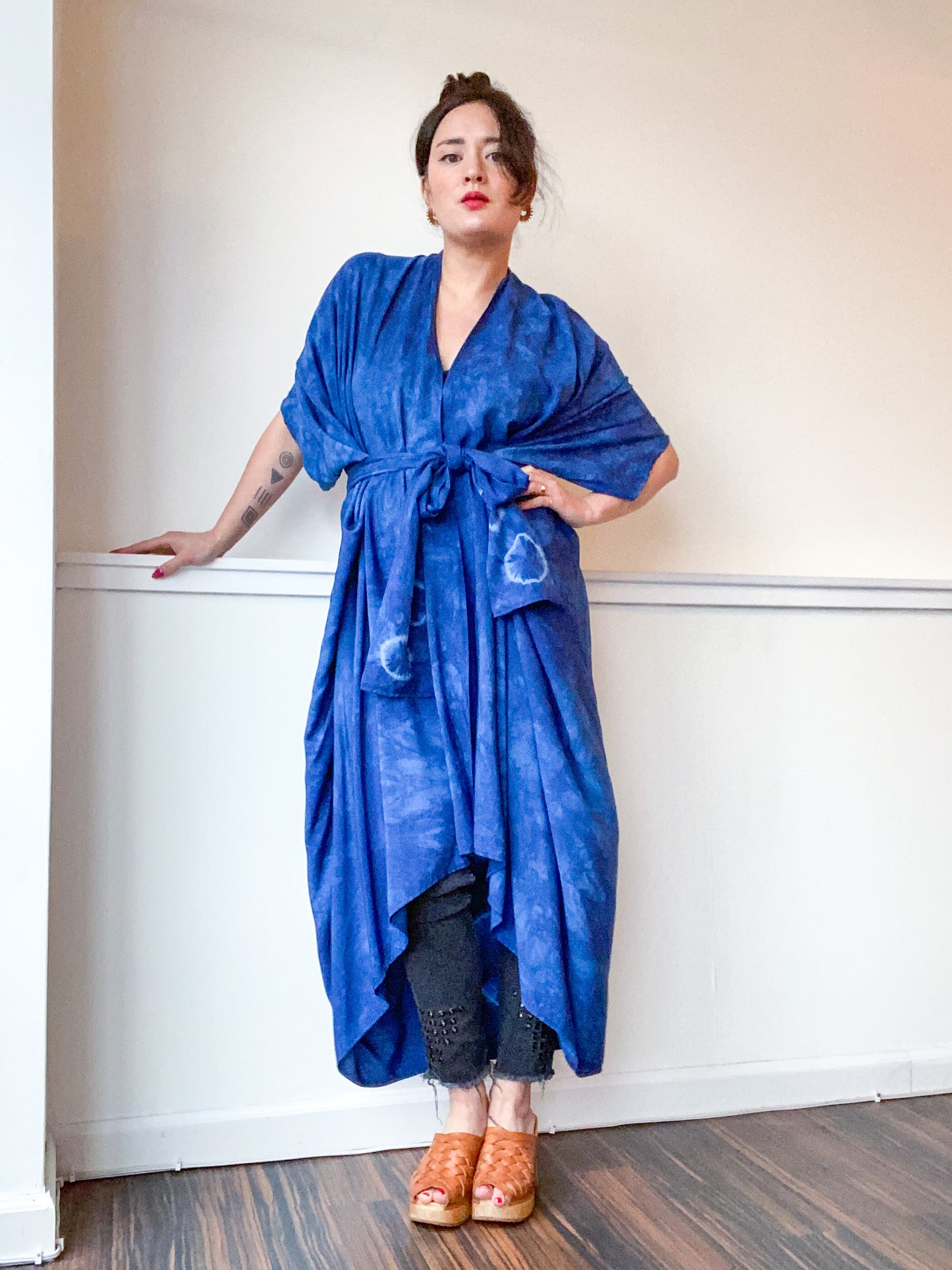 Hand-Dyed High Low Kimono Indigo Circles