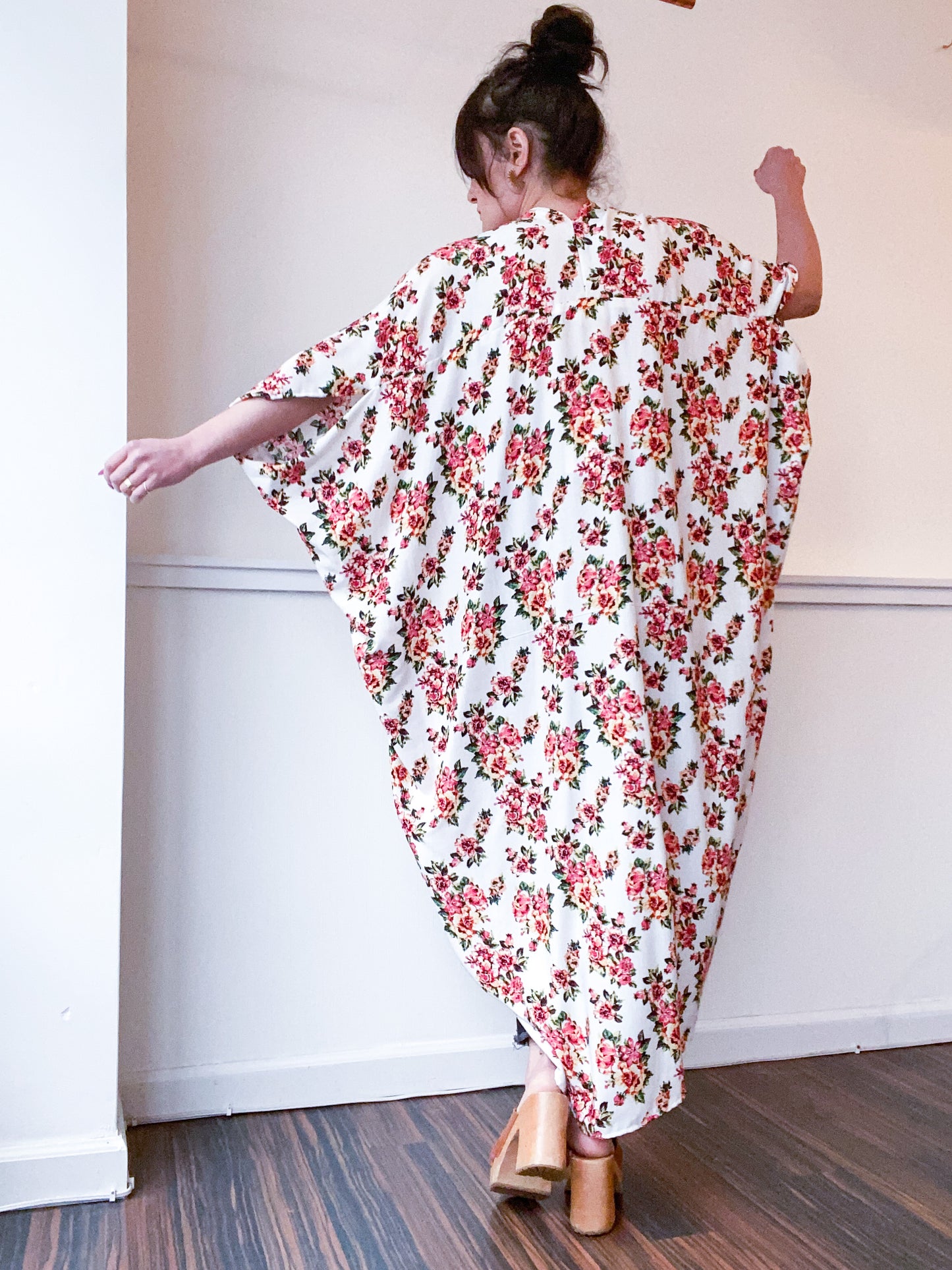 Print High Low Kimono Ivory Coral Floral Clusters Rayon Challis