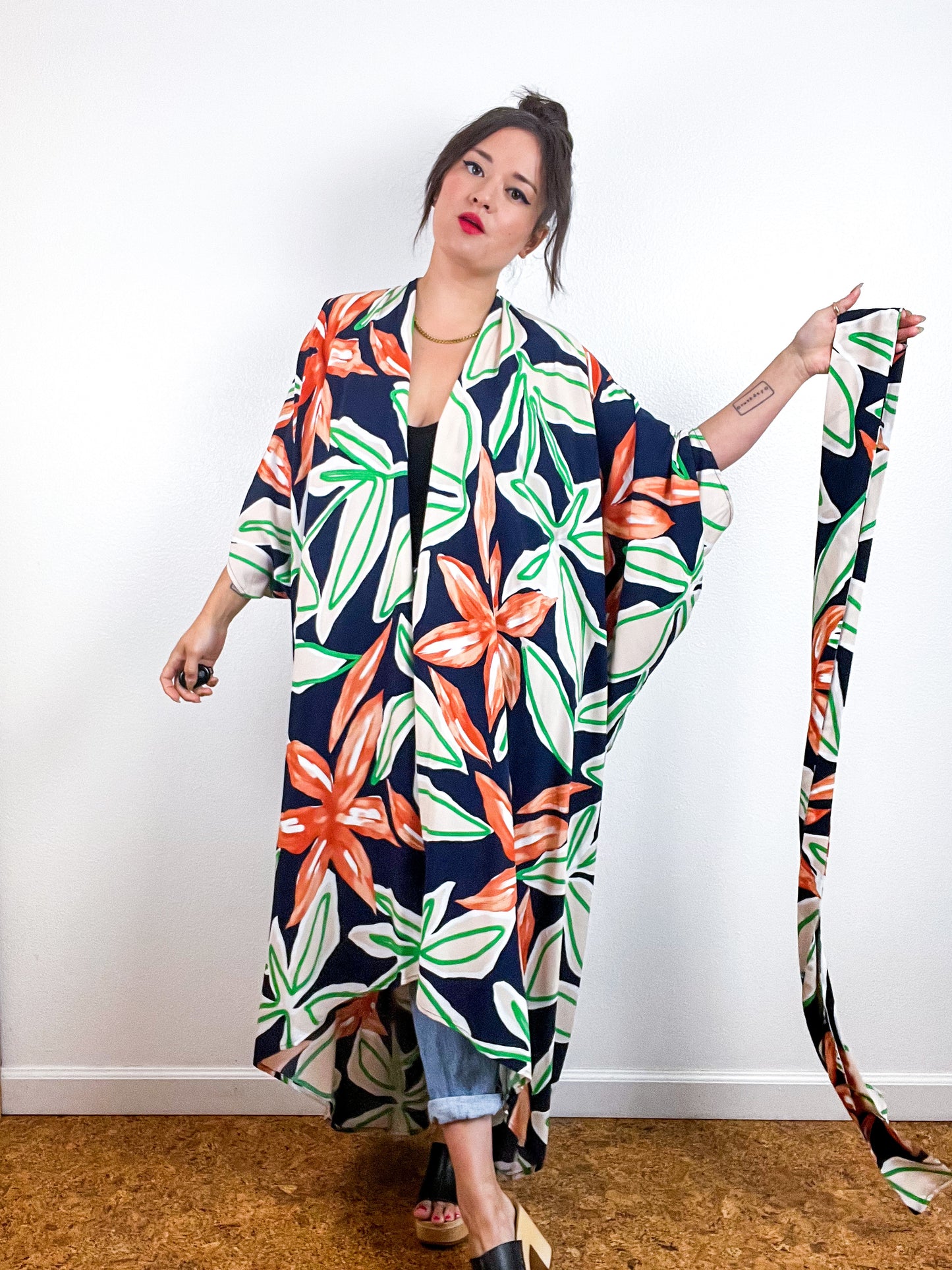 Print High Low Kimono Navy Green Rust Large Floral Challis