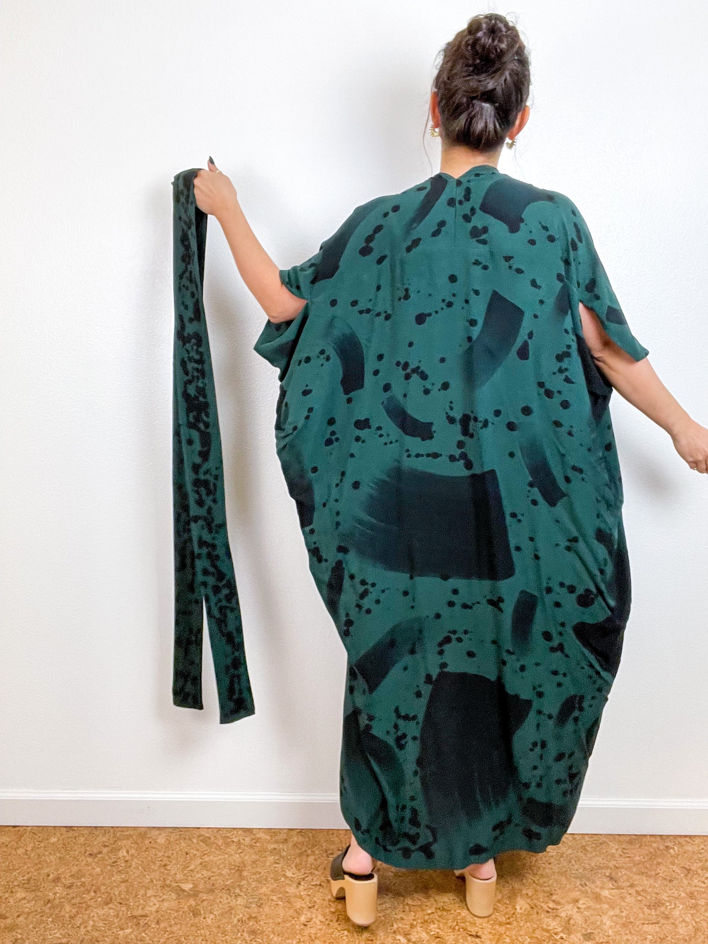Hand-Dyed High Low Kimono Emerald Black Confetti