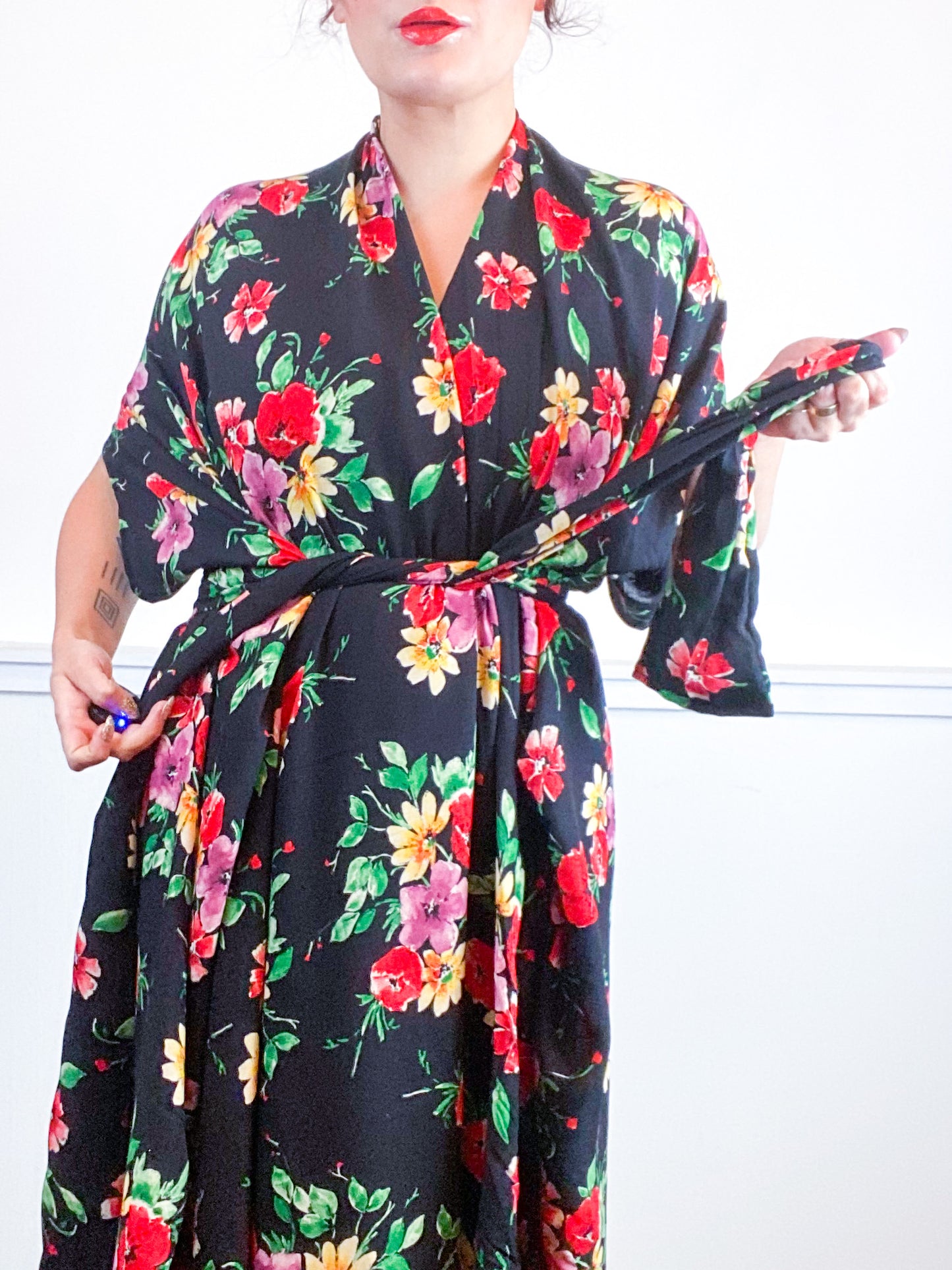 Print High Low Kimono Black Red Floral Rayon Challis