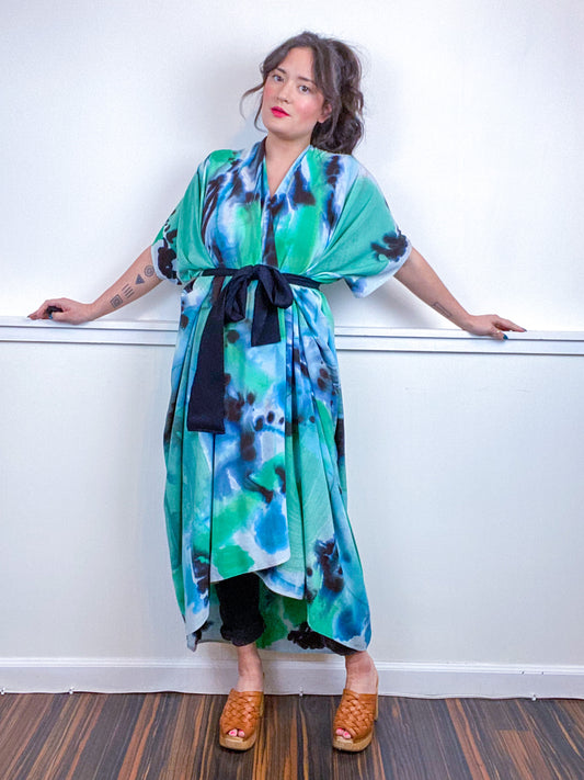 OOAK Hand-Dyed High Low Kimono Green Blue Watercolor Brushstroke