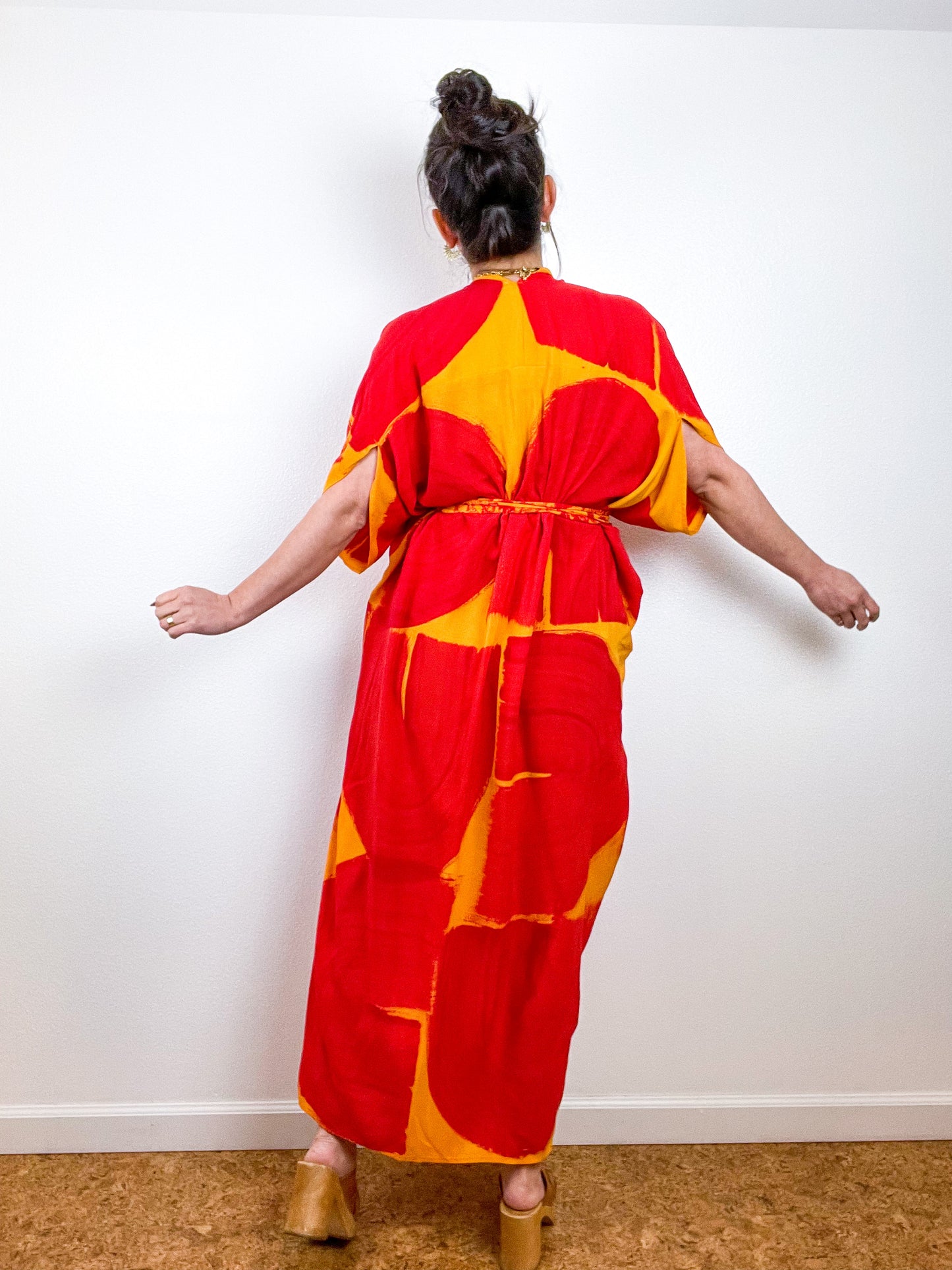 Hand-Dyed High Low Kimono Marigold Scarlet Brushstroke