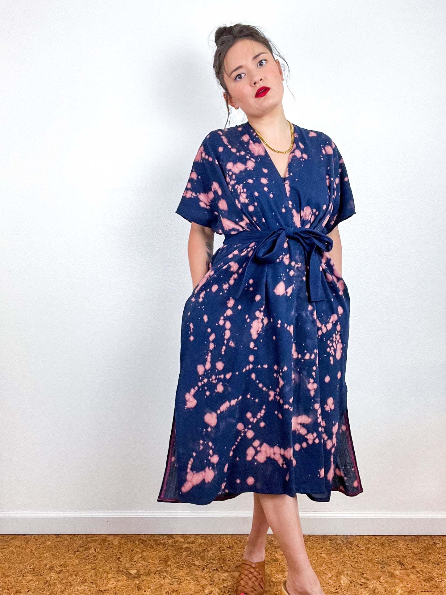 Single Gauze Midi Caftan Dress Navy Peach Speckle