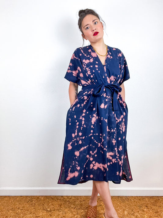 Single Gauze Midi Caftan Dress Navy Peach Speckle