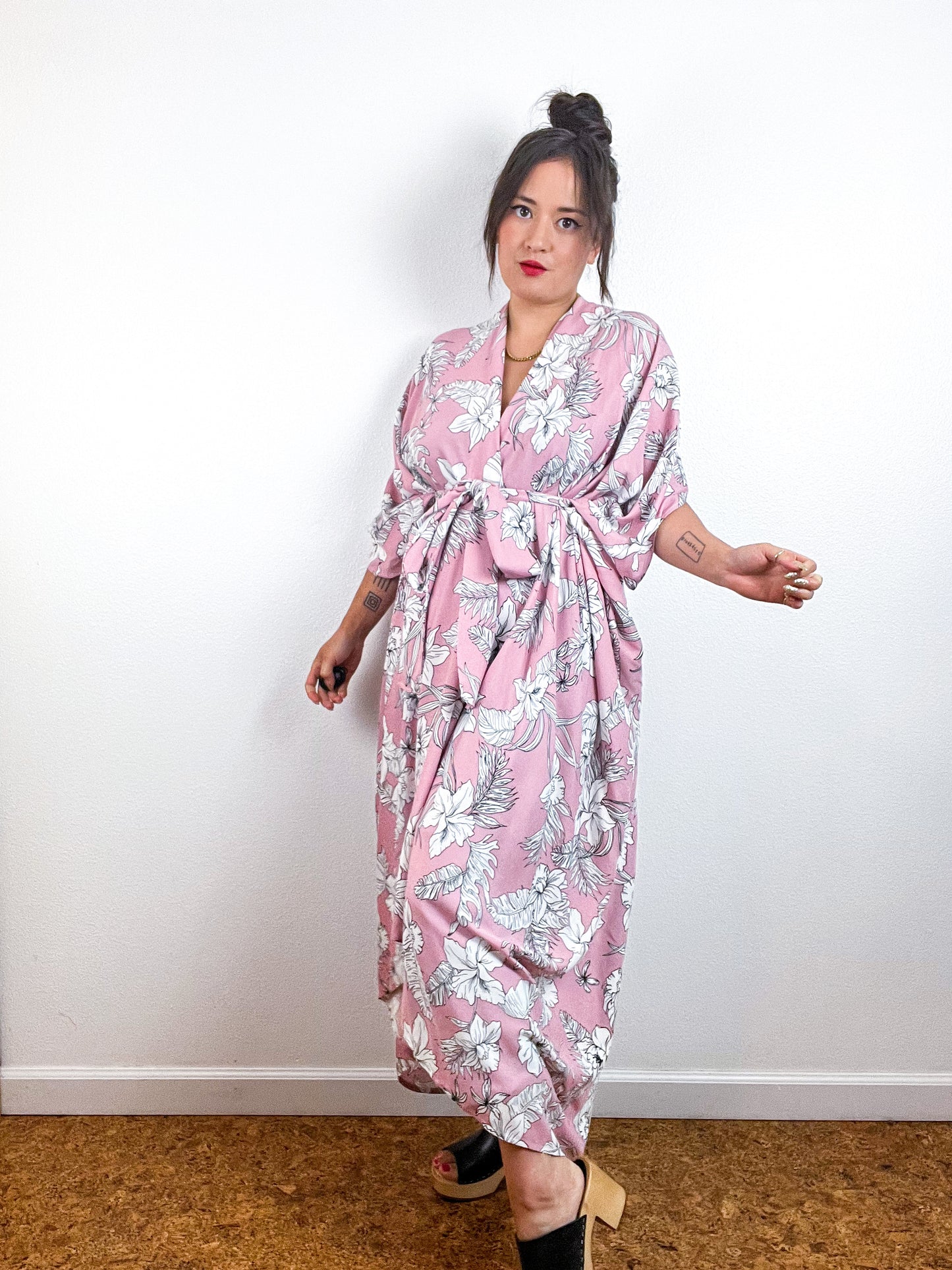 Print High Low Kimono Pink White Tropical Challis