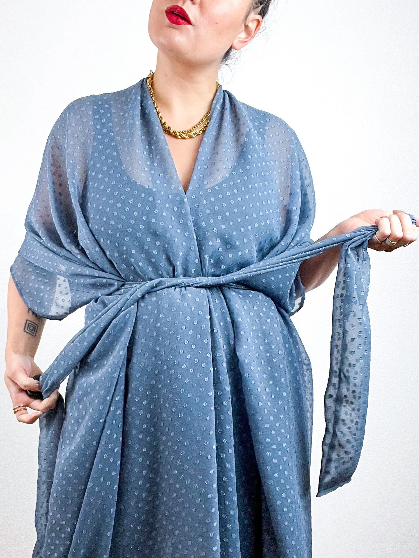 Solid High Low Kimono Slate Grey Swiss Dot Chiffon