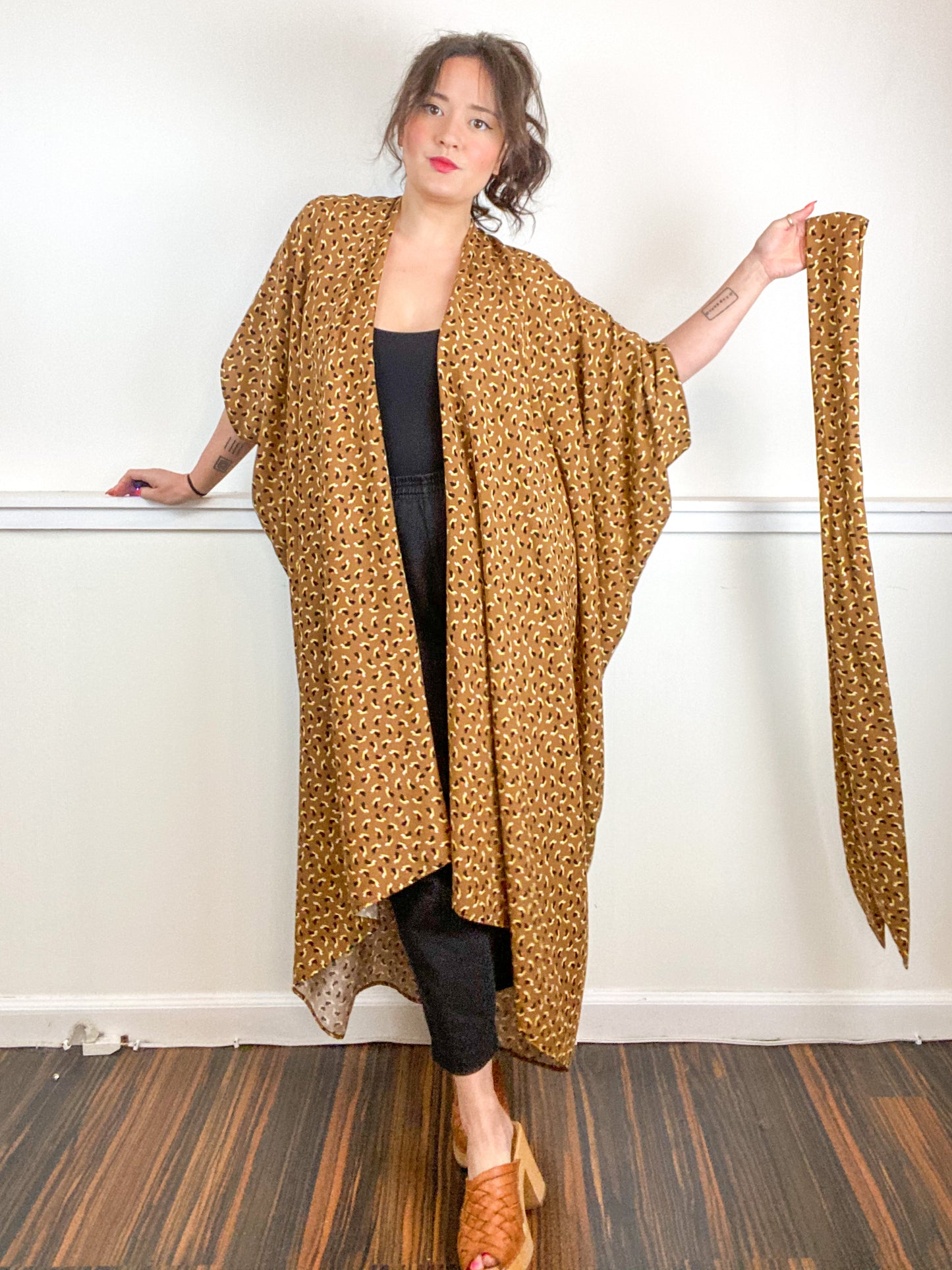 Print High Low Kimono Black Bronze Graphic Rayon Challis