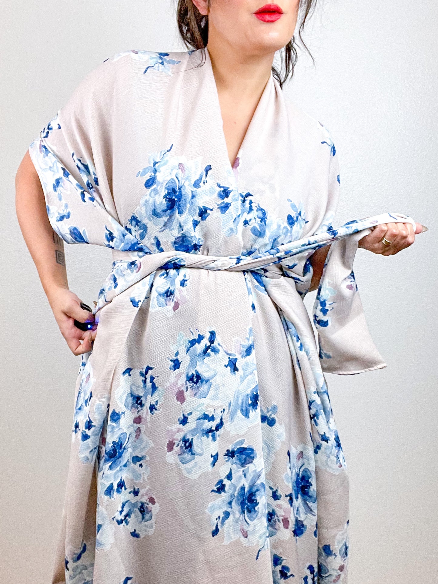 Print High Low Kimono Blush Blue Floral Crinkle Gauze