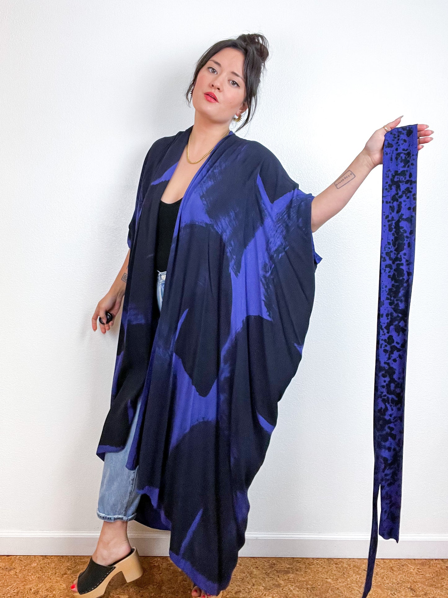 Hand-Dyed High Low Kimono Violet Black Brushstroke