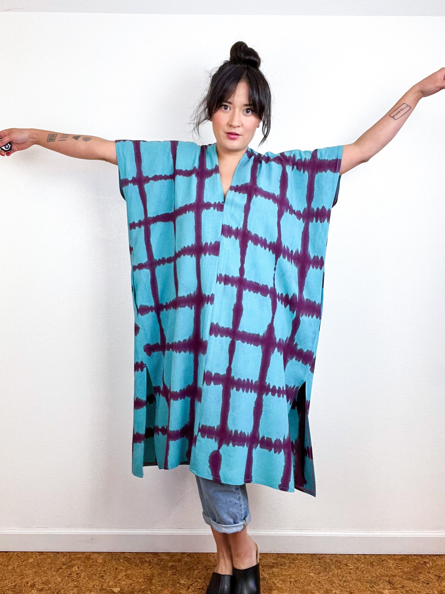 Hand-Dyed Midi Smock Dress Turquoise Maroon Windowpane