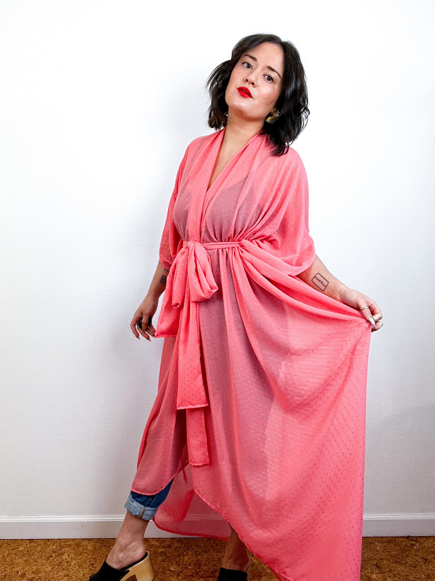 Print High Low Kimono Coral Gold Pindot Chiffon