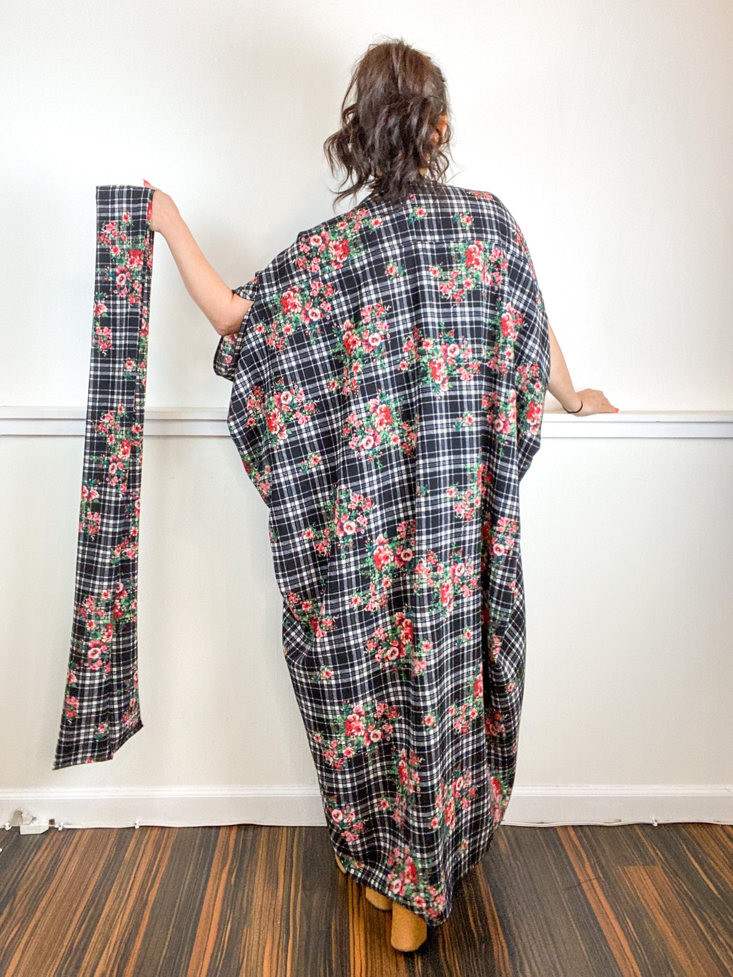 Print High Low Kimono Floral Plaid Bubble Crepe