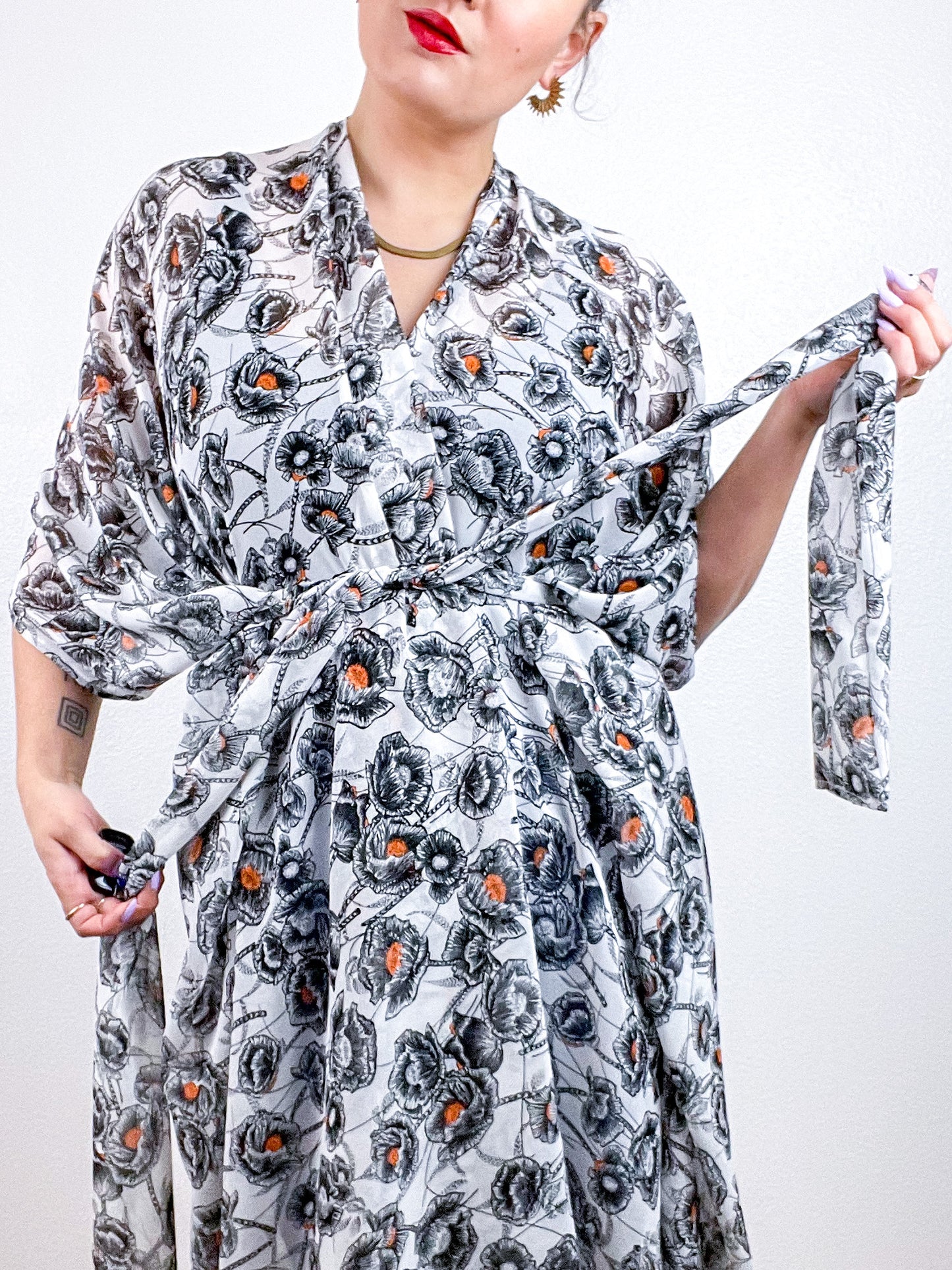 Print High Low Kimono Ivory Poppy Floral Chiffon