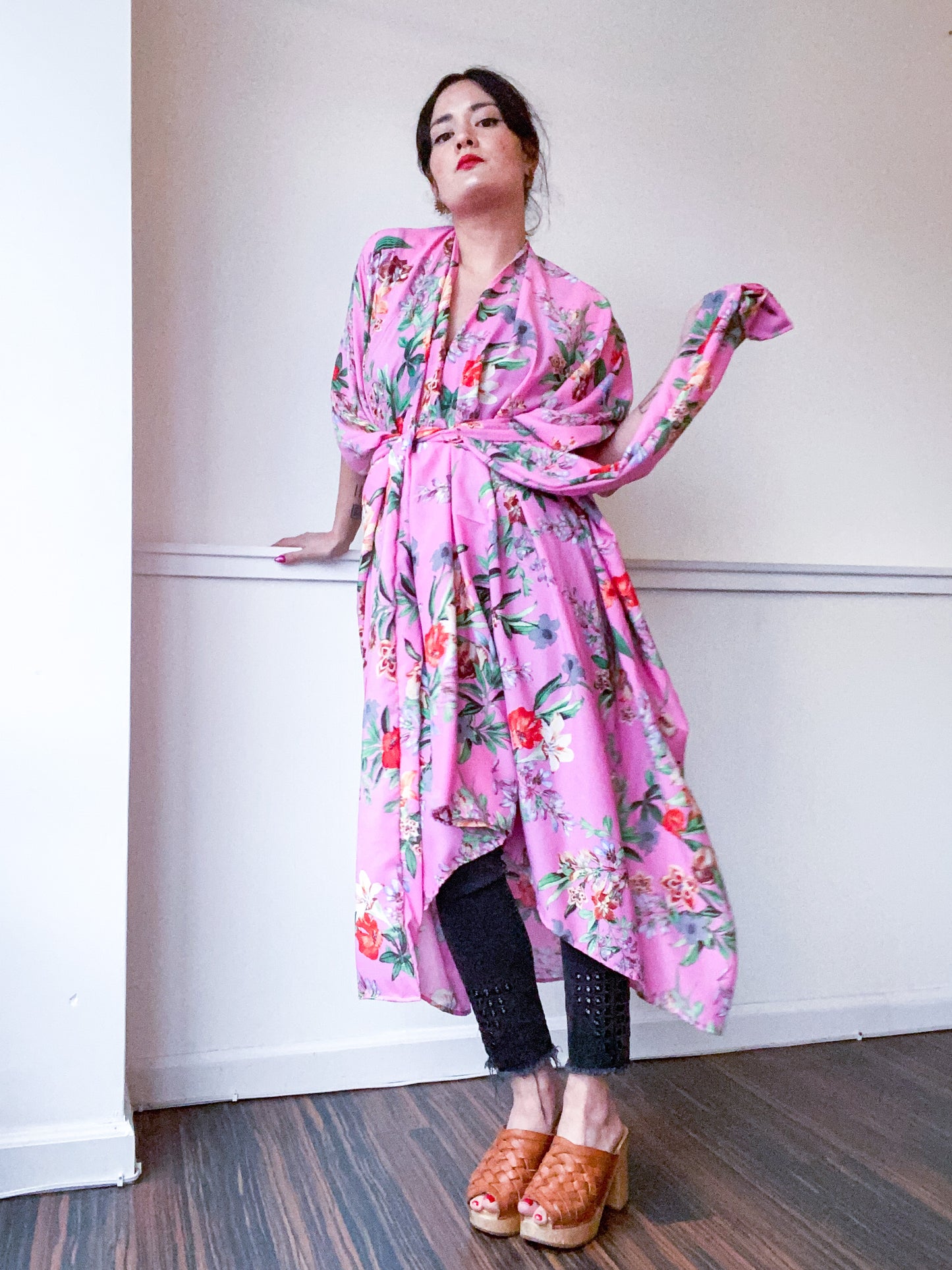Print High Low Kimono Pink Tropical